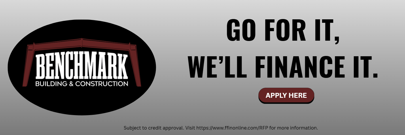 Advertisement for Benchmark Building & Construction with a slogan 'Go for it, we'll finance it' and a button labeled 'Apply Here'.