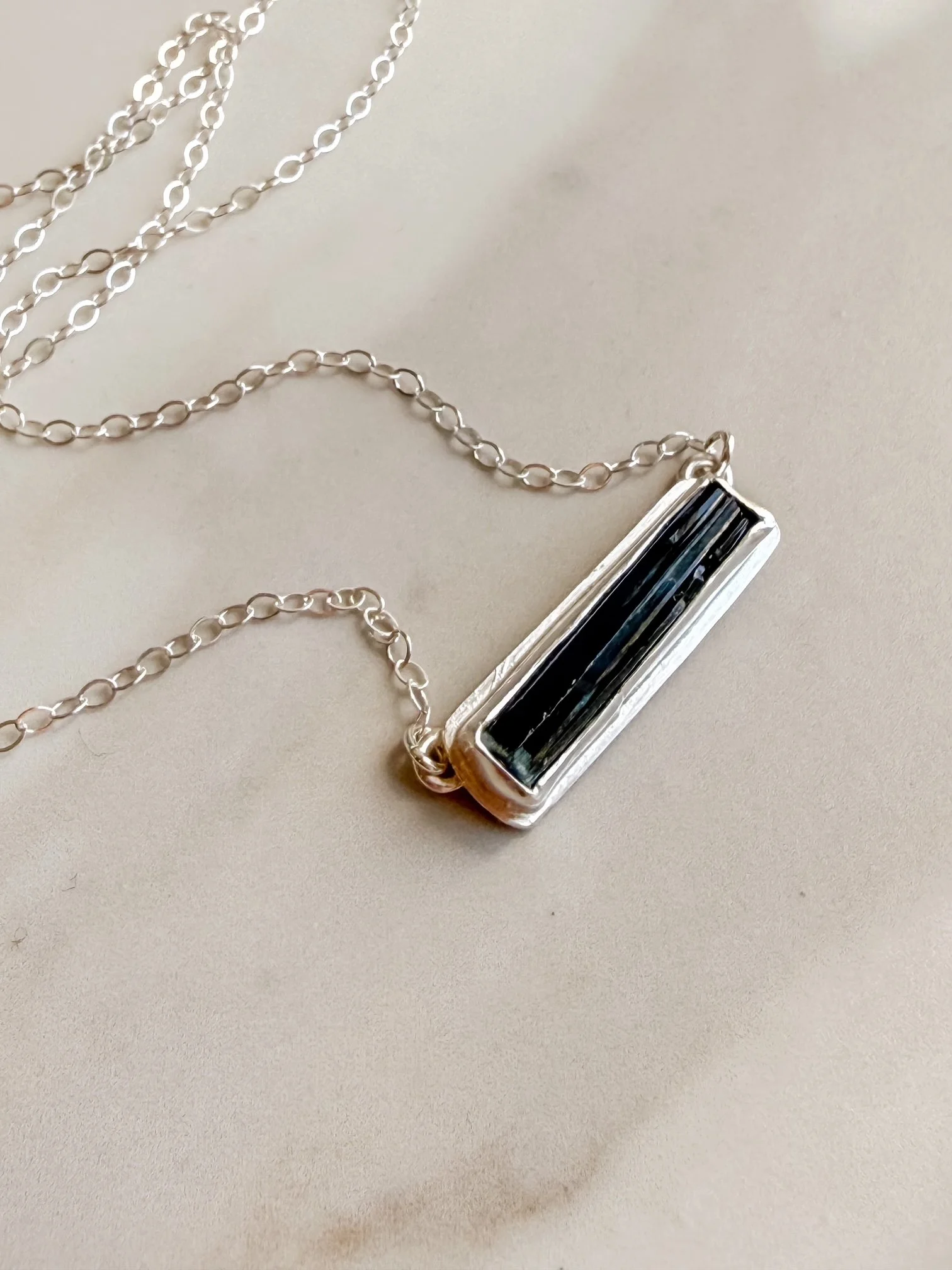 Black Indicolite Tourmaline Bar Necklace in Silver with natural texture
