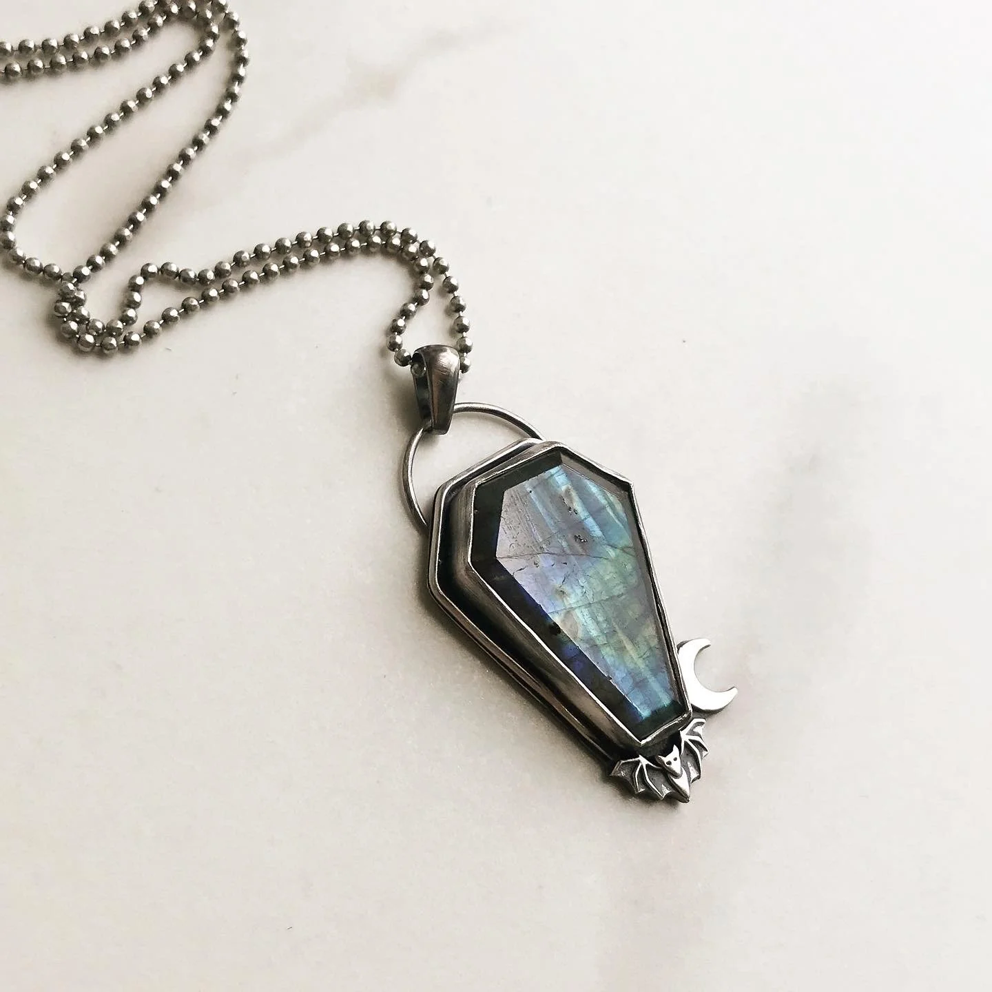 Labradorite coffin necklace in silver with crescent embellishment