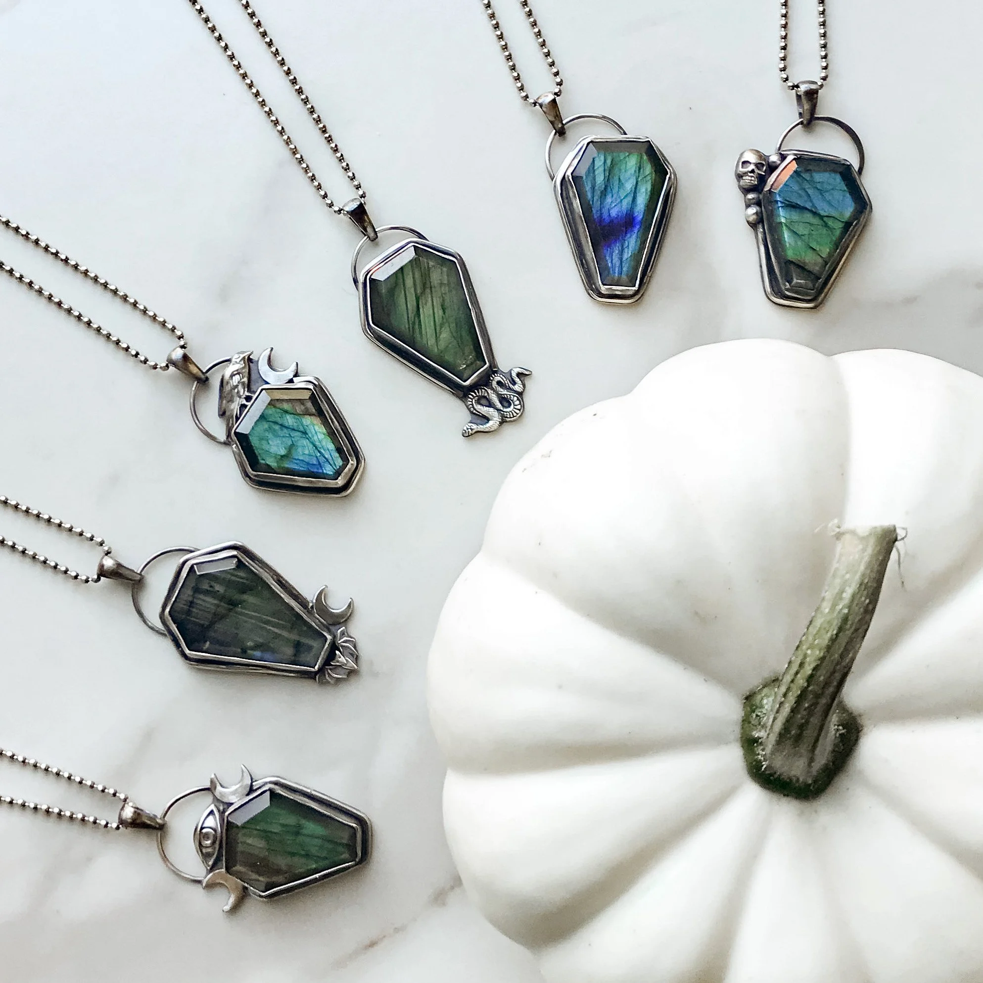 Labradorite coffin necklaces in silver