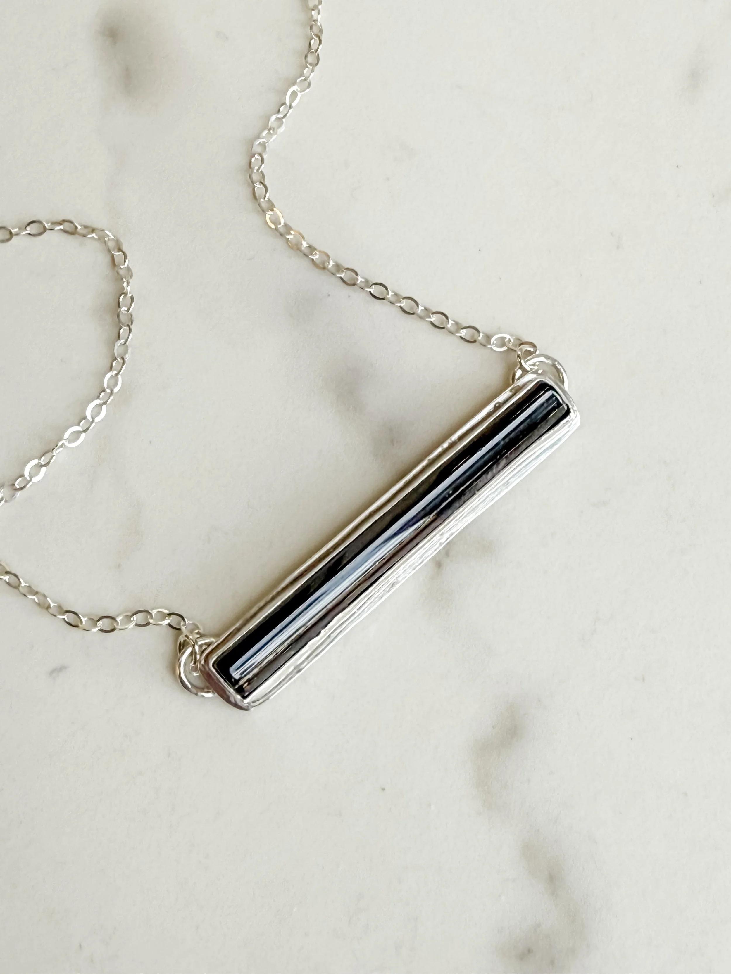 Black tourmaline bar necklace in silver