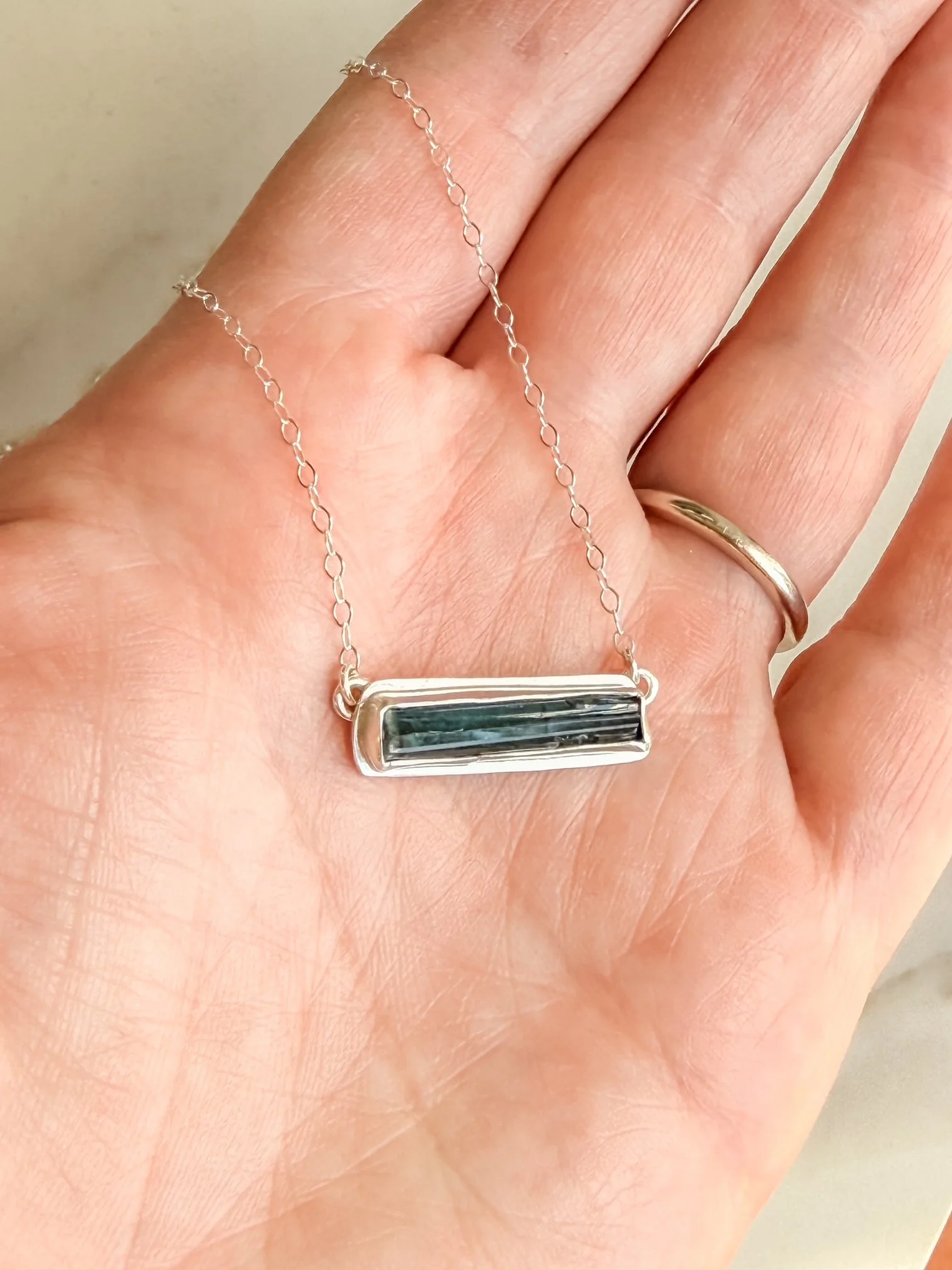 Black Indicolite Tourmaline Bar Necklace in Silver with natural texture