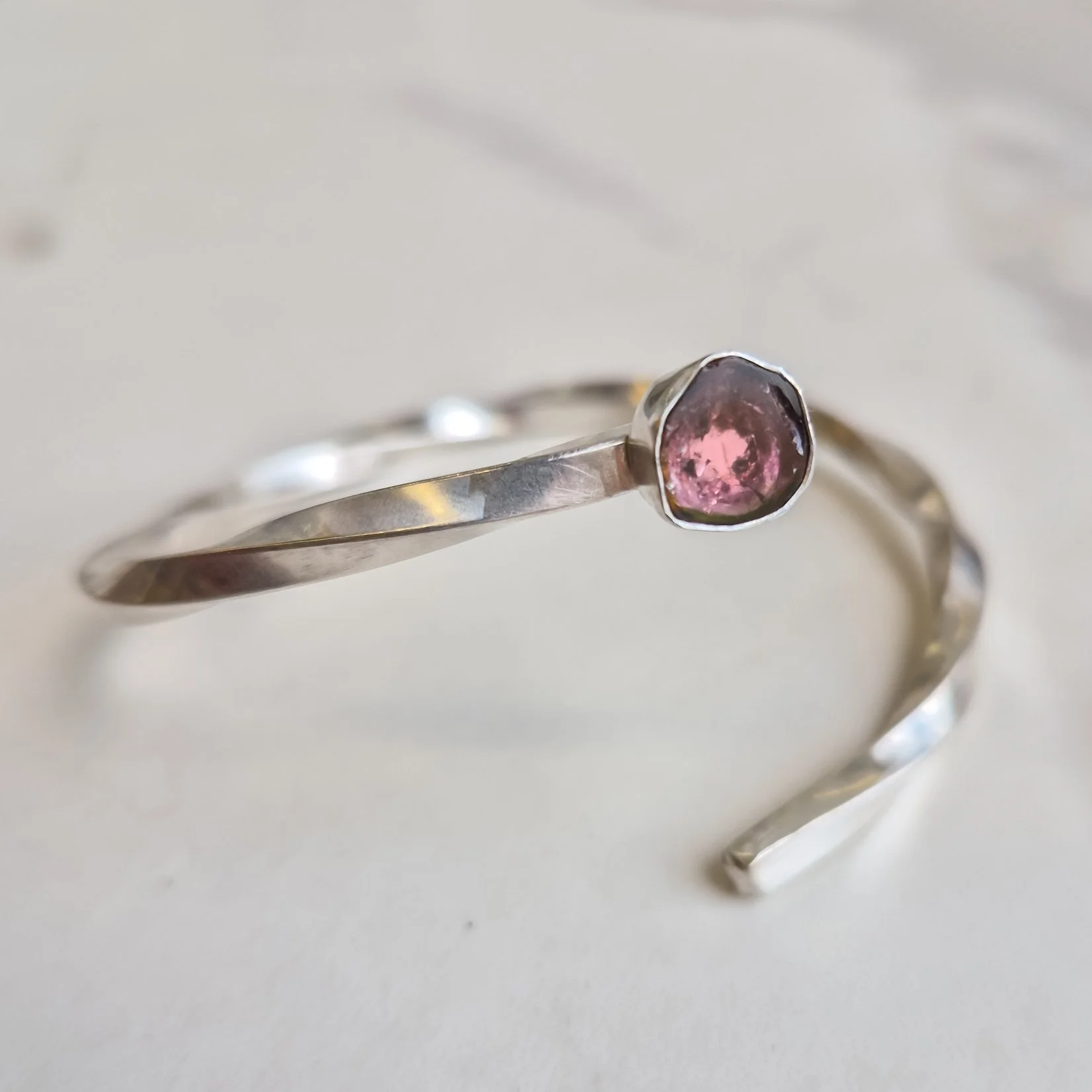 Pink Tourmaline Slice Twisted Open Bangle