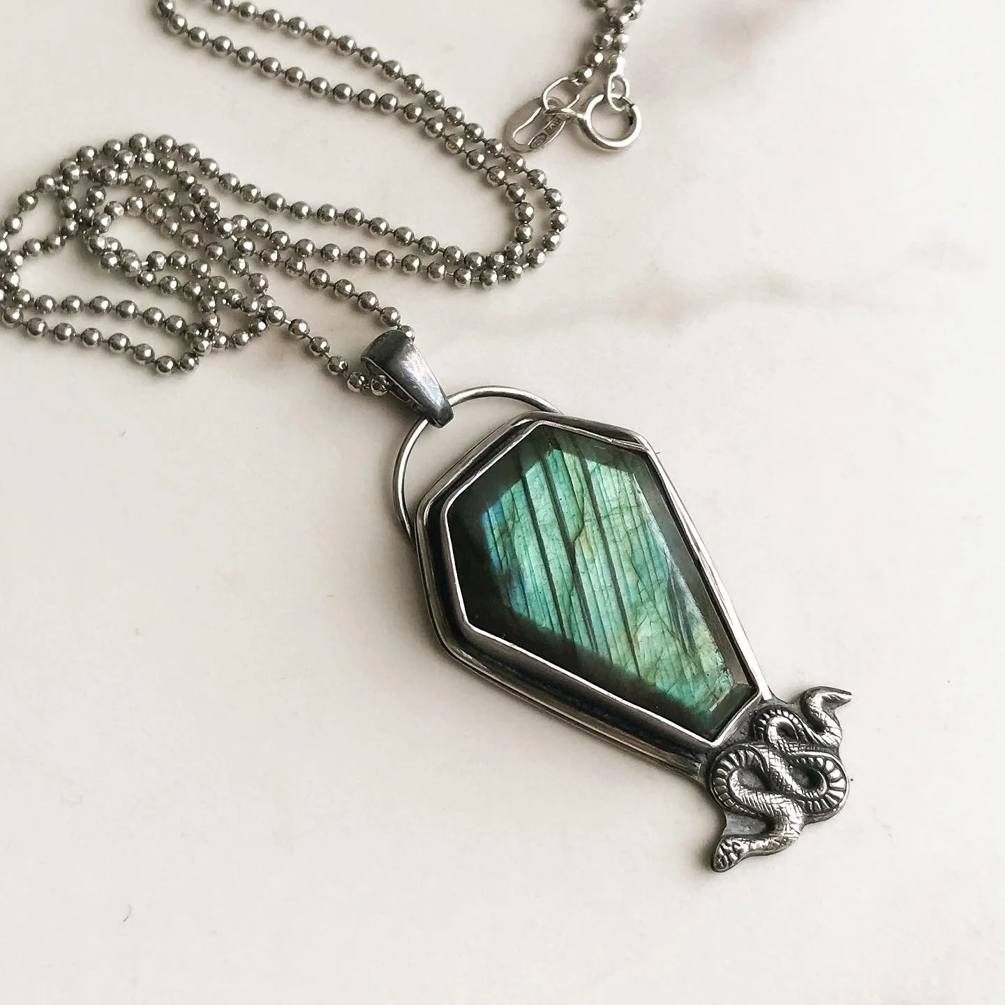 Labradorite coffin necklace in silver with snake embellishment