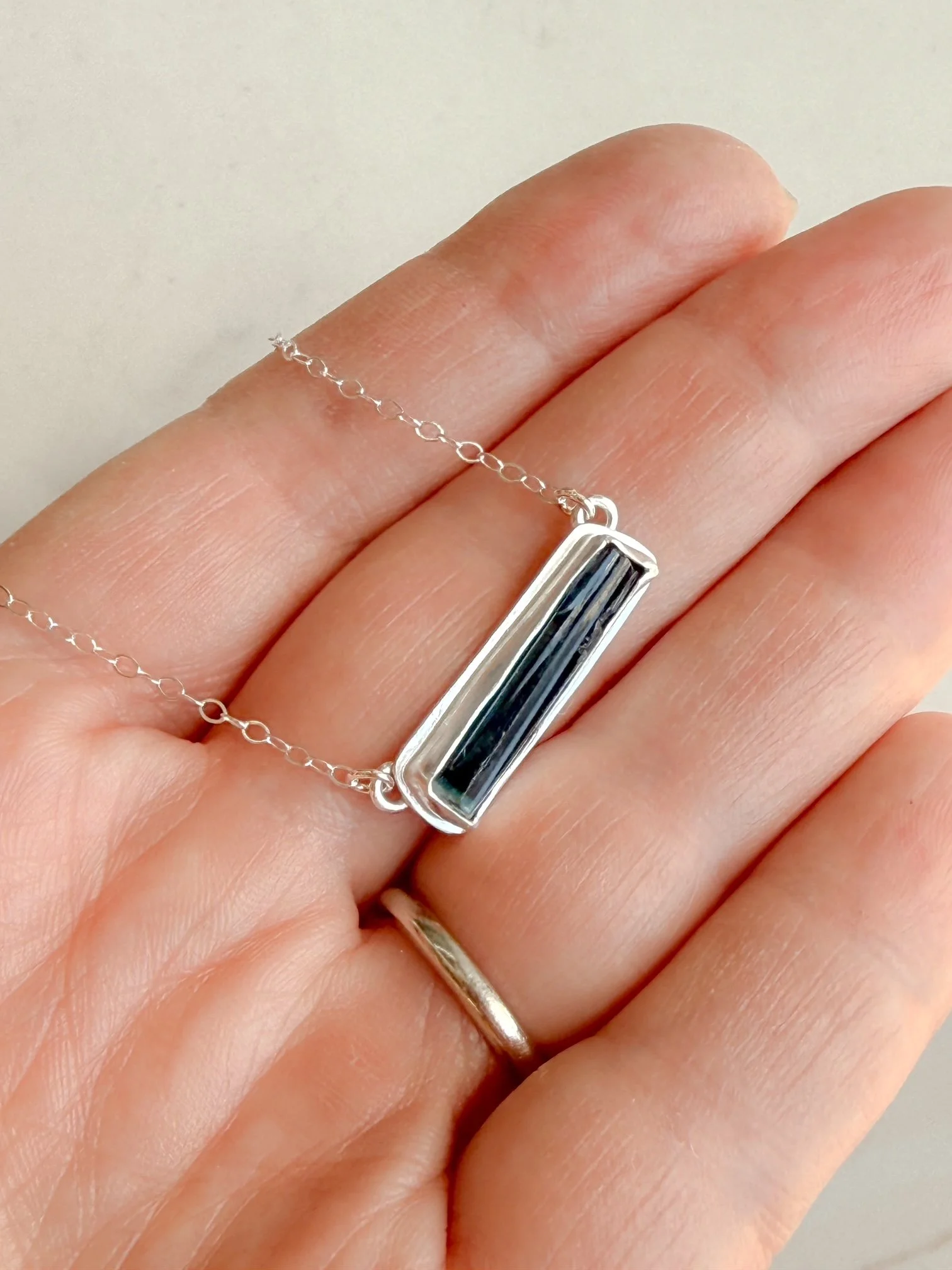Black Indicolite Tourmaline Bar Necklace in Silver with natural texture