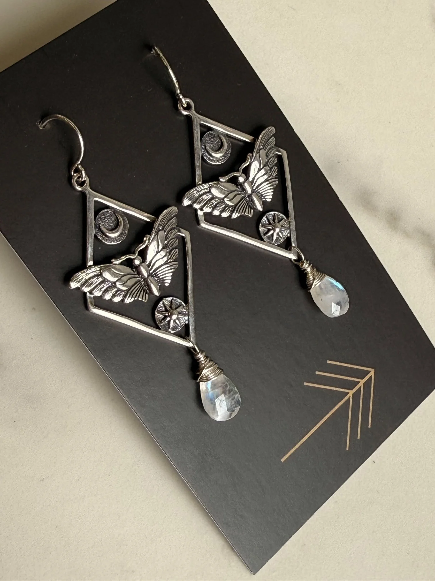 Silver Moth Sun & Moon Gemstone Earrings
