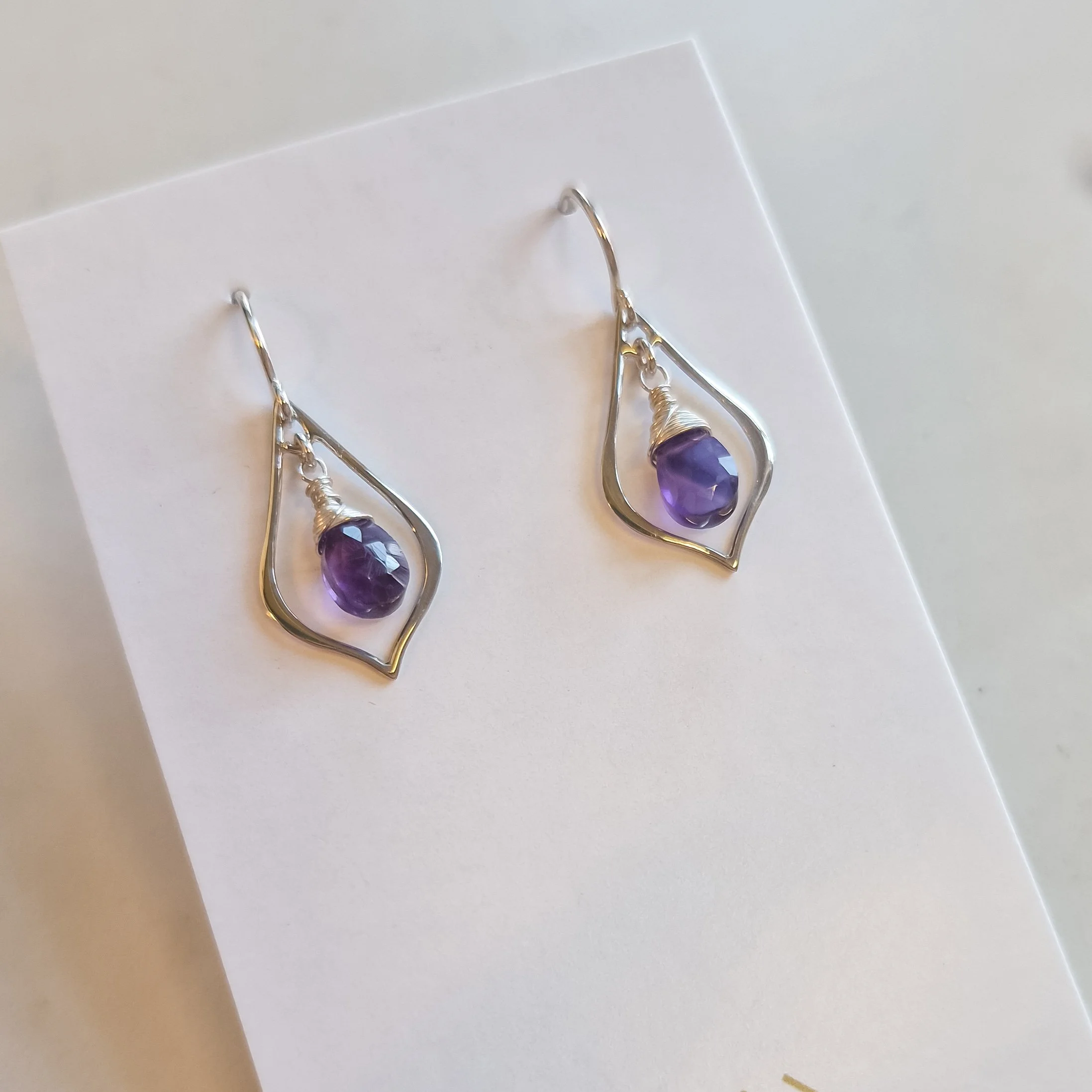 Silver Pointed Teardrop Gemstone Earrings
