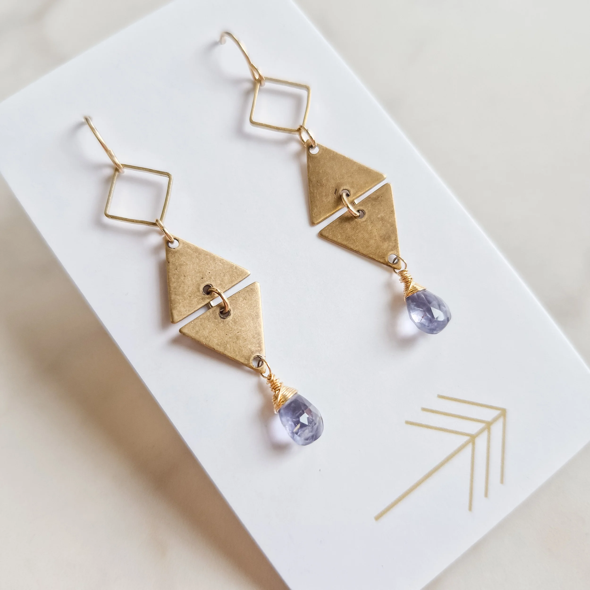 Diamond and Double Triangle Gemstone Earrings