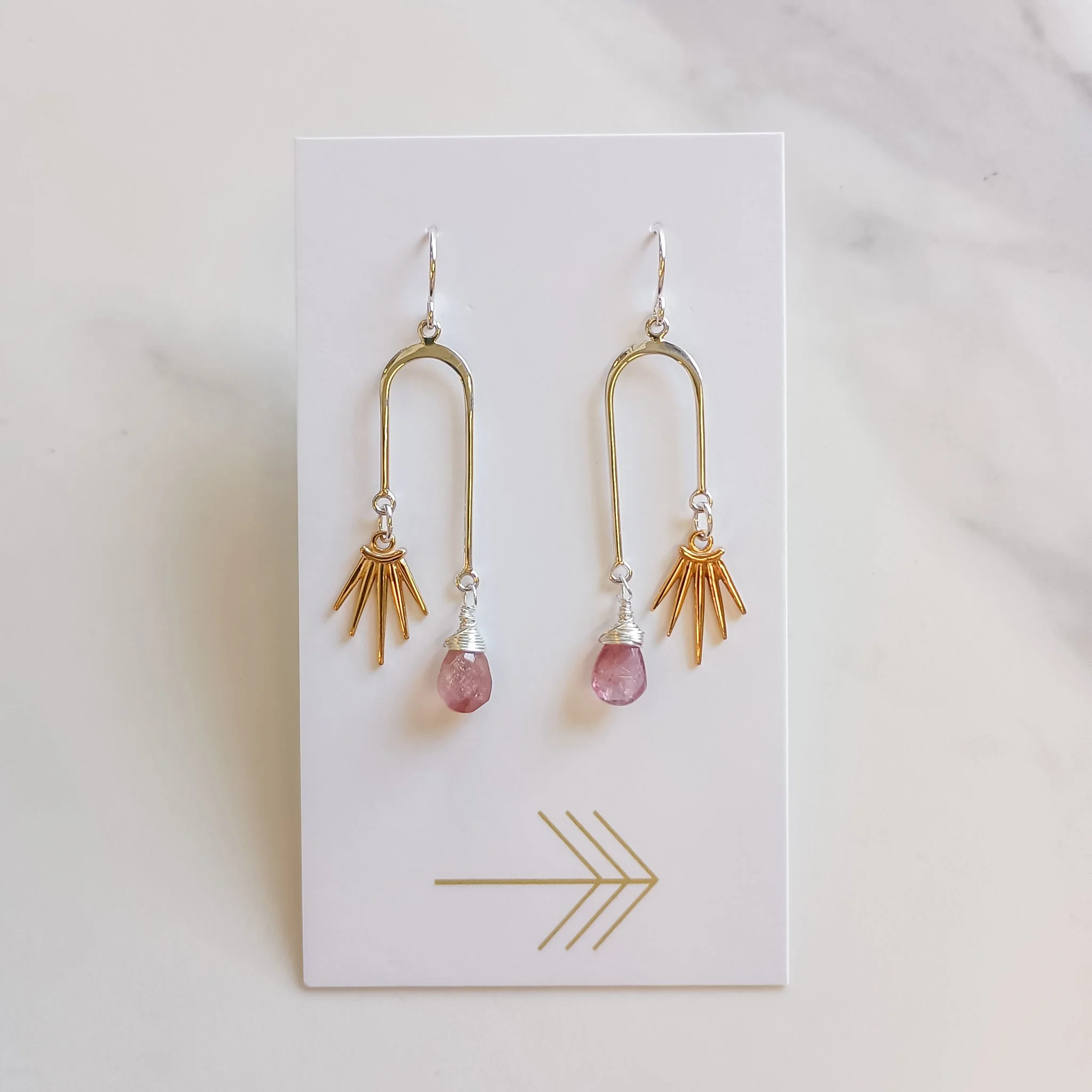 pink-tourmaline-gemstone-asymmetrical-arch-sunburst-bronze-silver-earrings-1.jpg