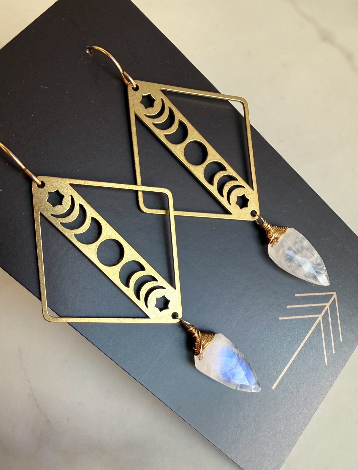 Deco Moon Phase Earrings with Cut Moonstone