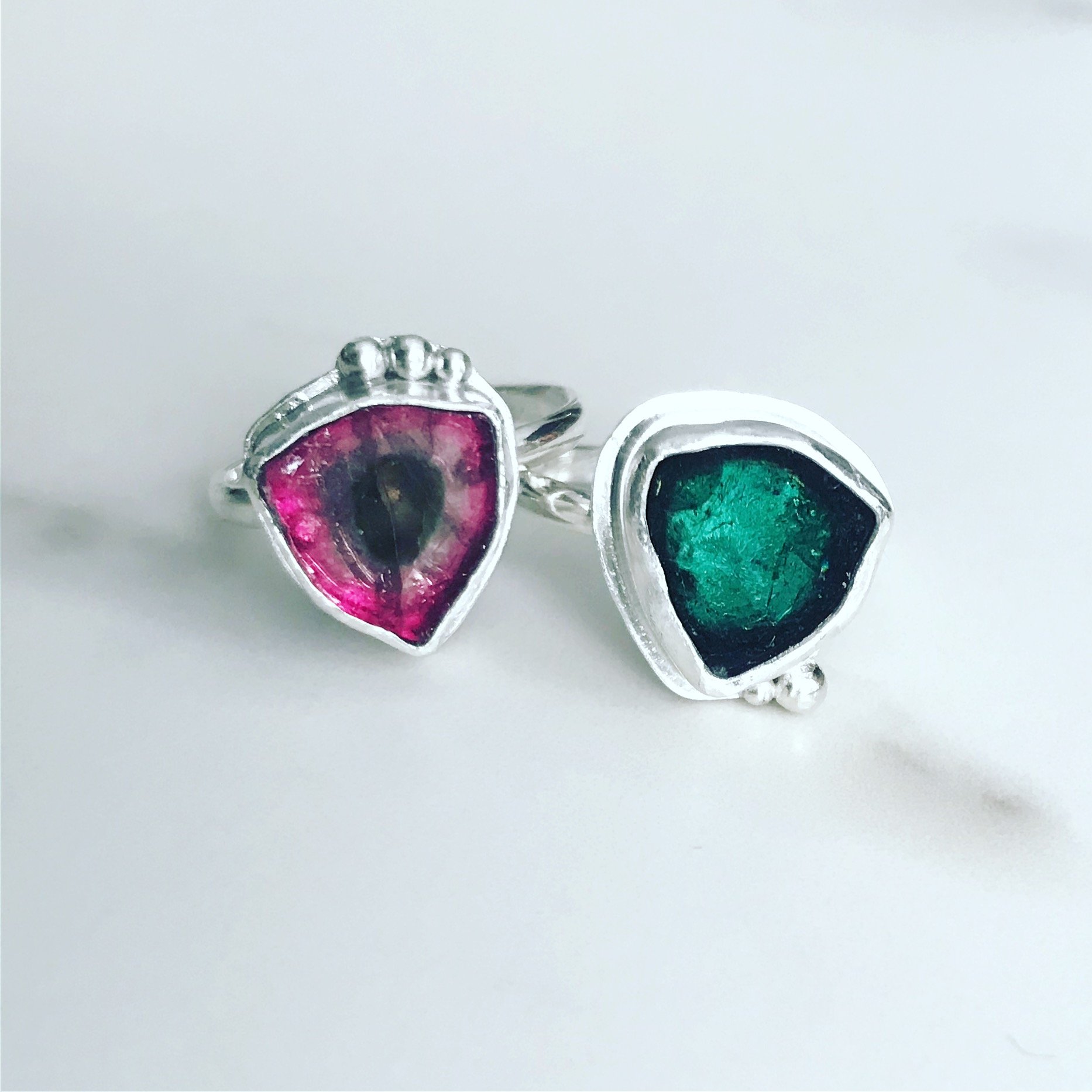 Tourmaline slice rings in silver