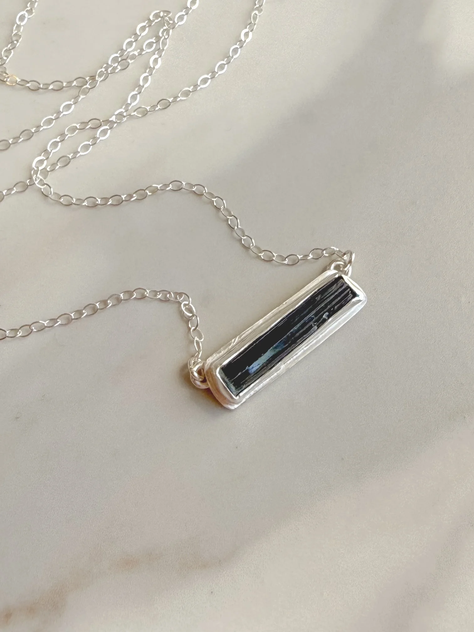 Black Indicolite Tourmaline Bar Necklace in Silver with natural texture