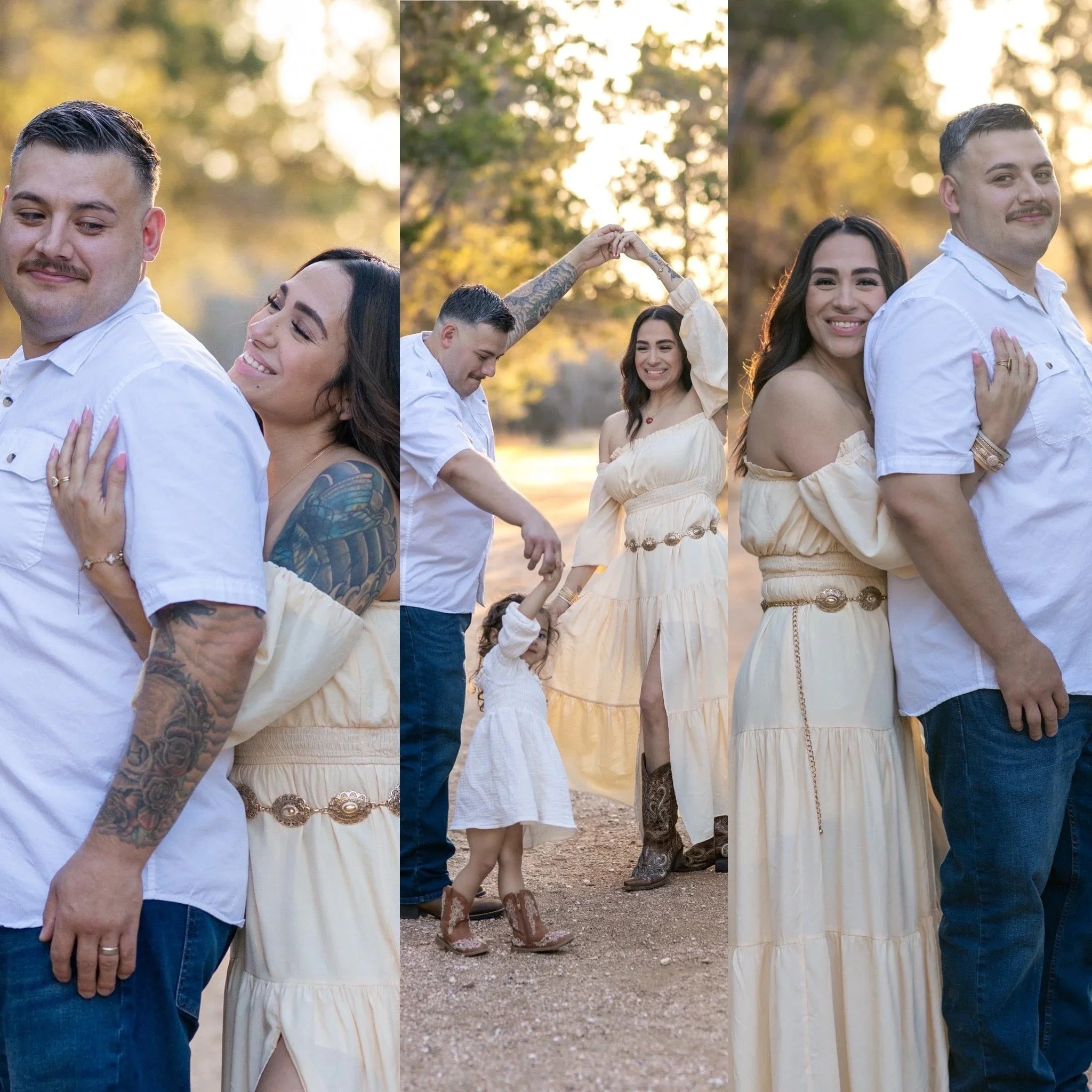 A couple dancing outdoors during golden hour with trees in the background, the woman wearing a cream-colored dress and the man in a white shirt and jeans.