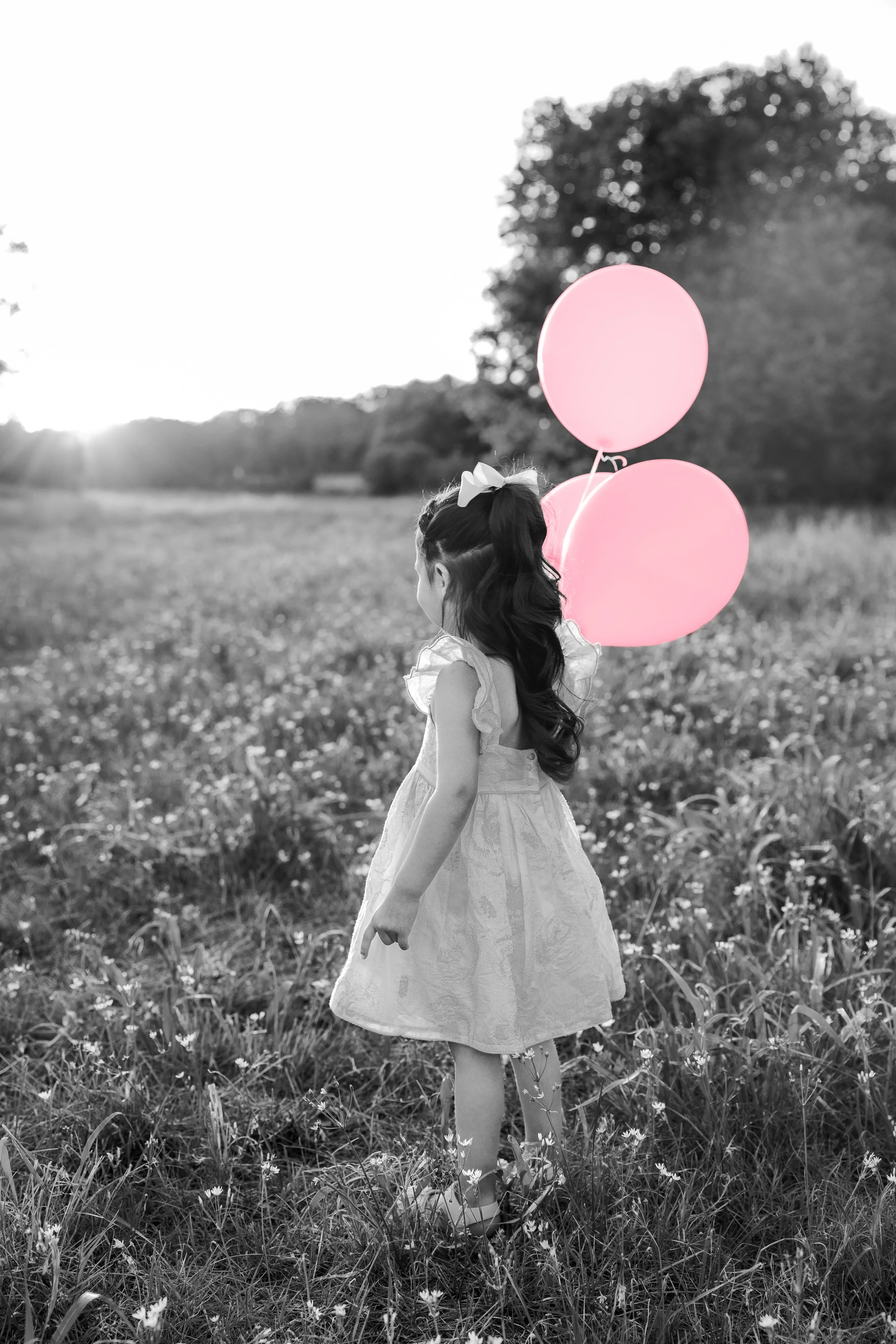 A young girl with long dark hair, wearing a white dress and a bow, standing in a field at sunset, holding two pink balloons, with the image in black and white except for the balloons.