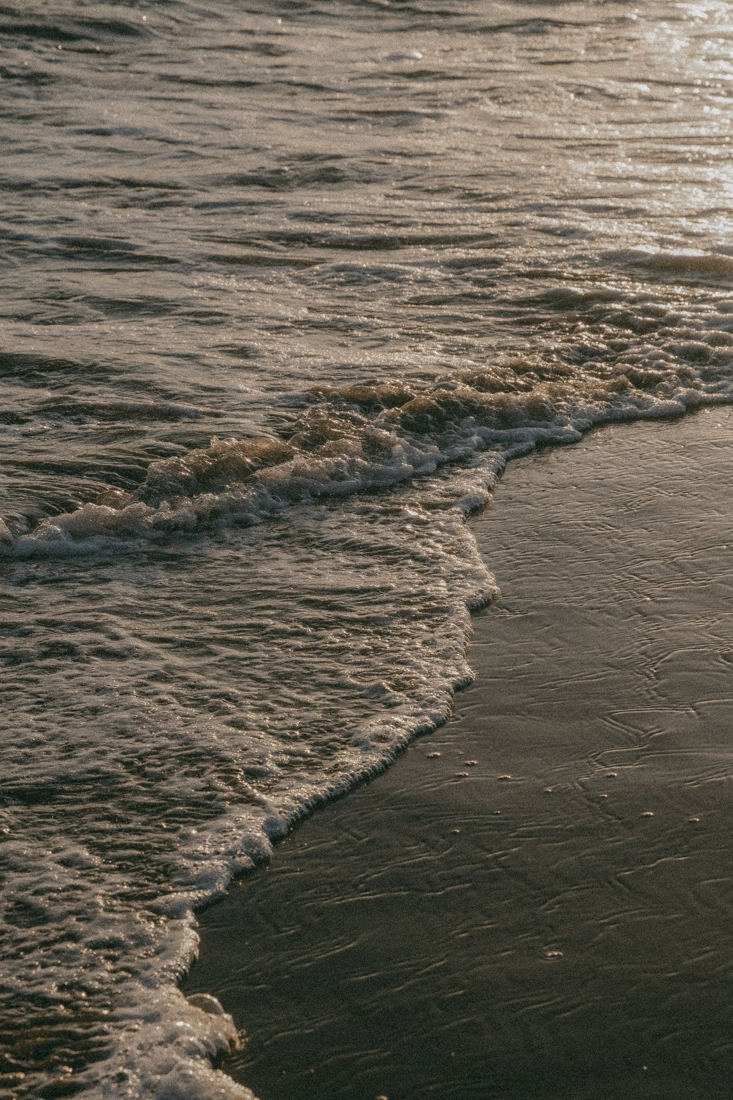 Close-up view of gentle ocean waves washing onto a sandy beach during sunset.