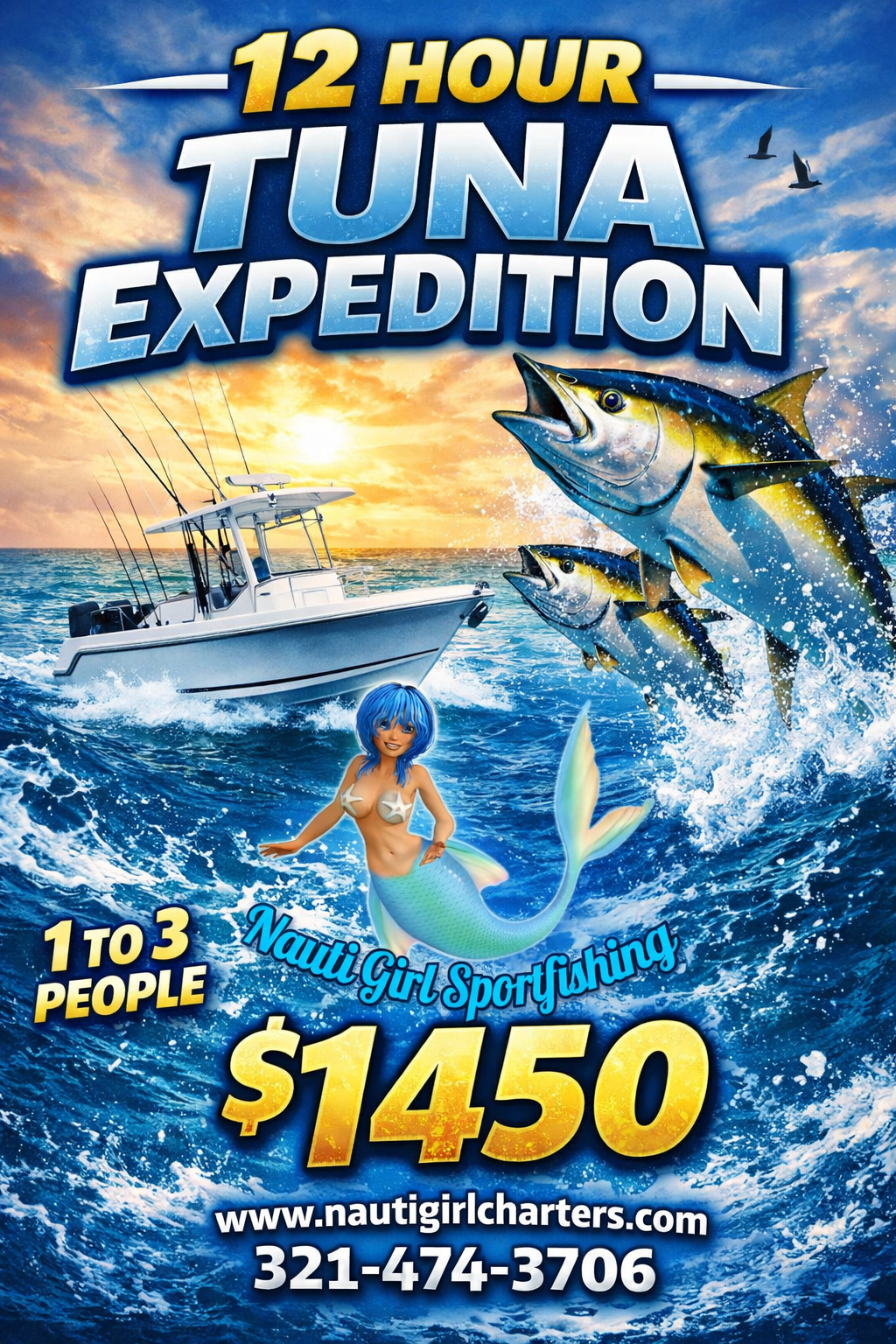 A poster for a 12-hour tuna expedition offered by Nautigirl Sportfishing. Features a boat on the ocean at sunset, large jumping tuna fish, and a colorful mermaid with blue hair. Text includes details such as price, website, and contact number.