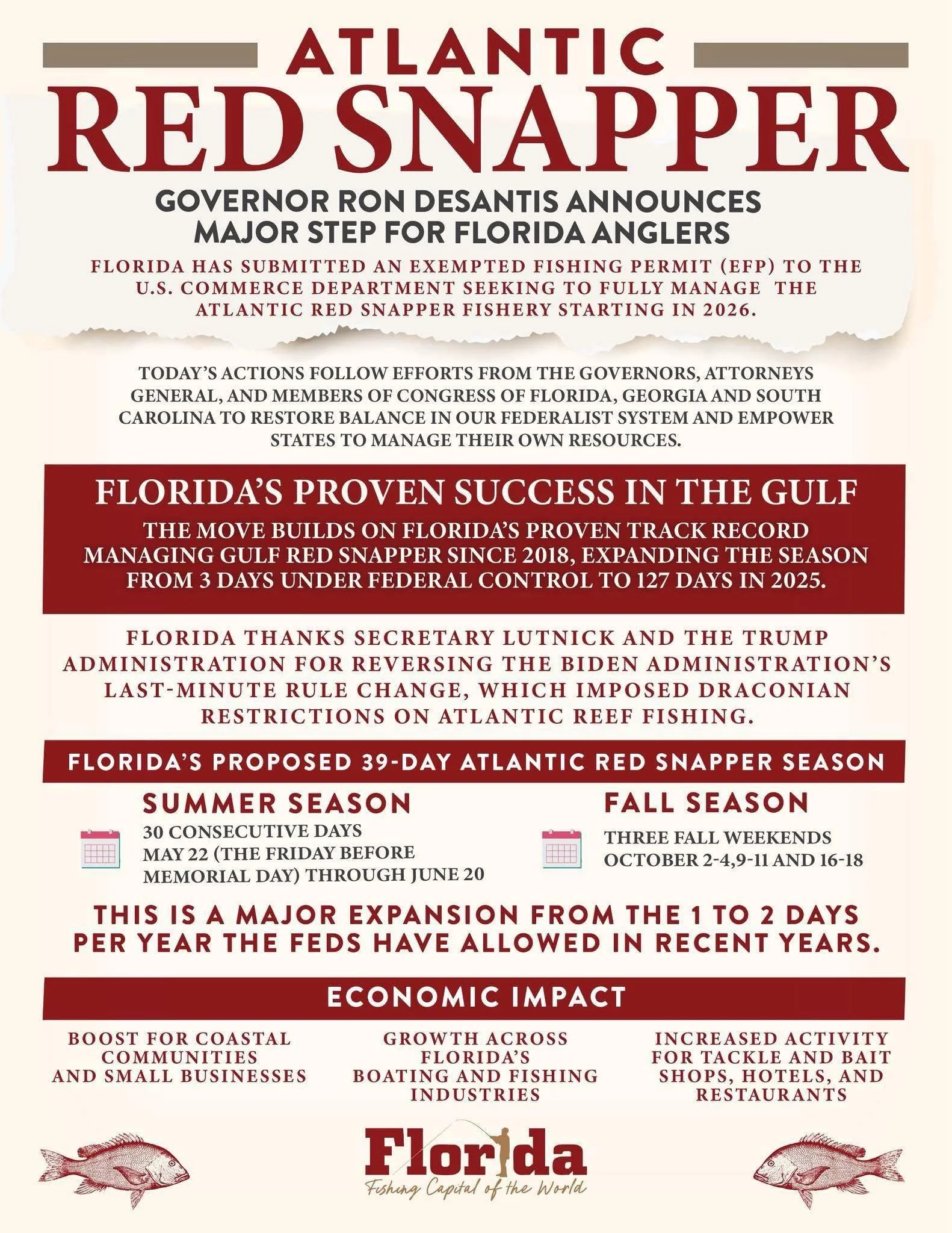 Press release with headline 'Atlantic Red Snapper' explaining Florida's efforts and proposals for red snapper fishing seasons, including summer and fall season dates, economic impacts, and acknowledgments to government officials, with illustrations of fish at the bottom.