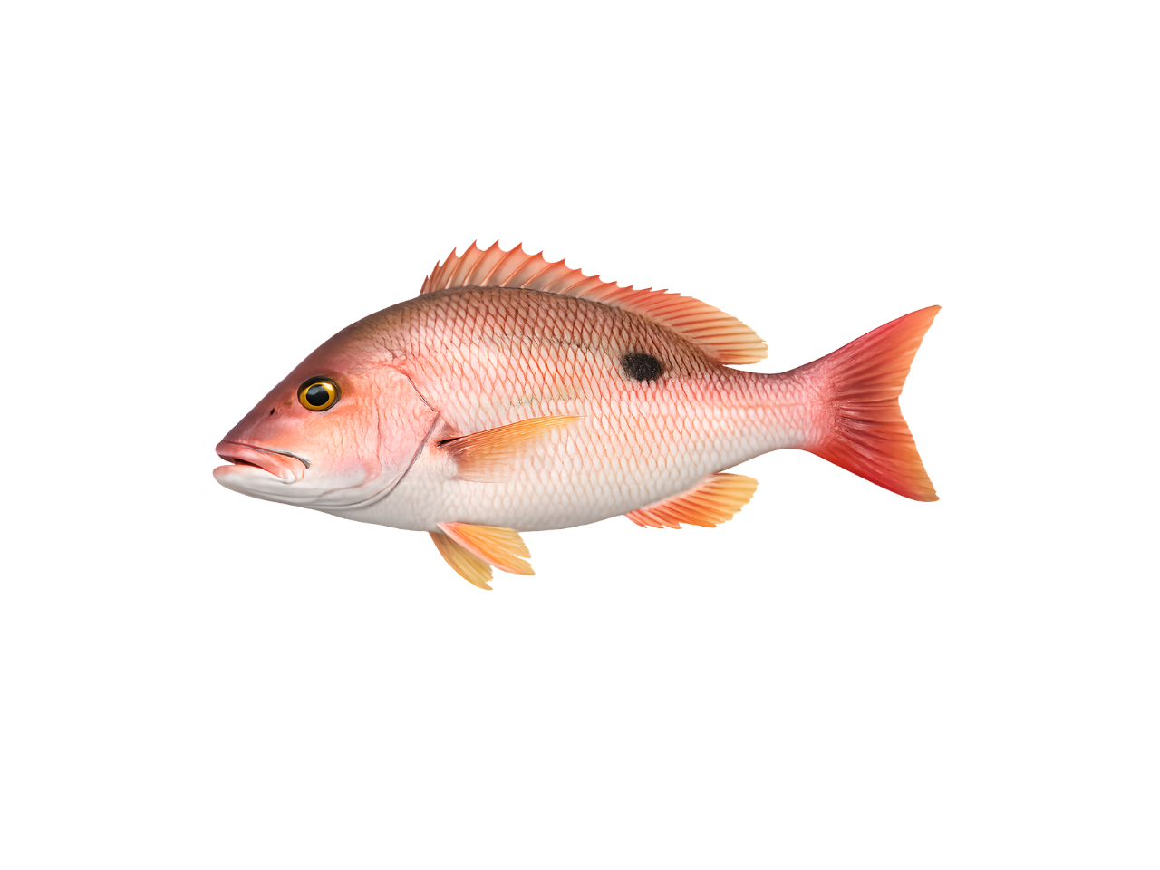 A colorful fish with pinks, oranges, and silver scales, a prominent black spot near its top side, and a spiny dorsal fin.