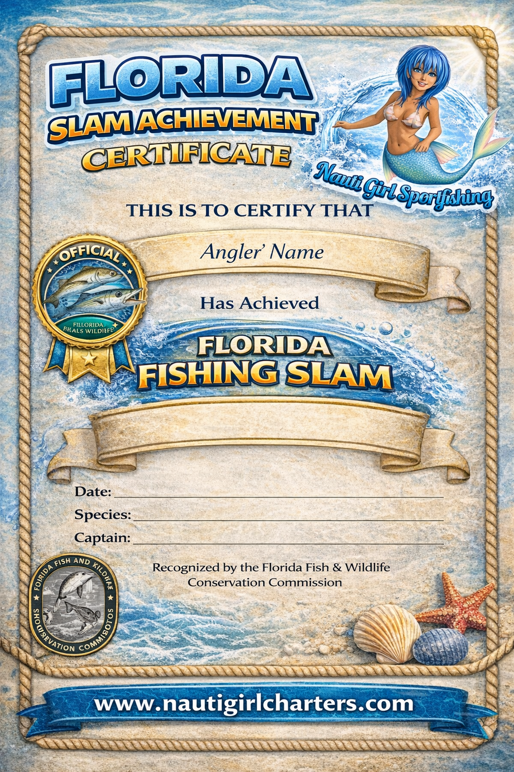 A certificate titled 'Florida Slam Achievement Certificate' Sebastian Inlet Florida Nauti Girl Sportfishing Charters Florida Captain Scott Wigal