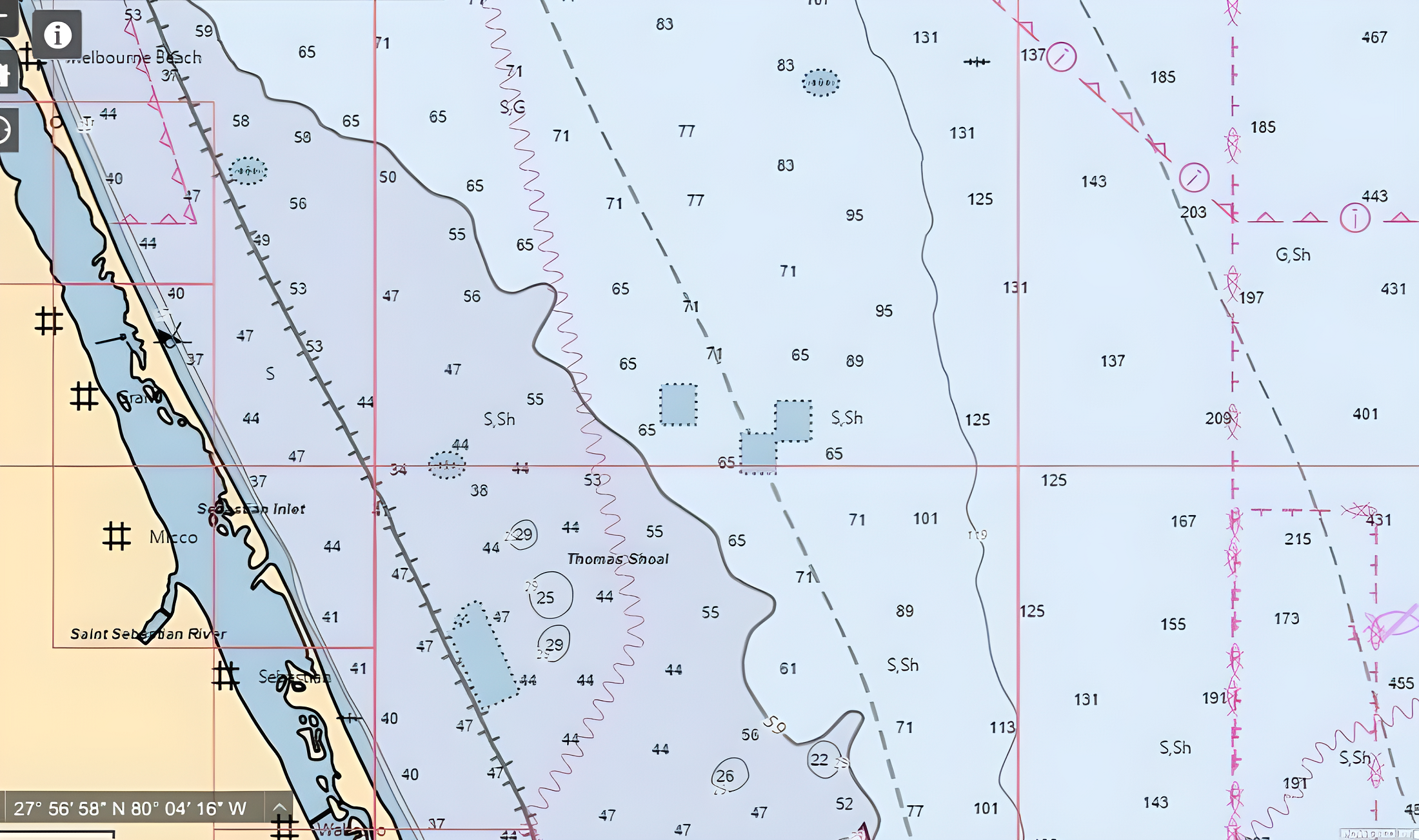 Navigational chart showing the coastline of California near the San Francisco Bay area. Features include the Salton Sea, San Sebastian Inlet, and various depth contours, navigation markers, and land formations.