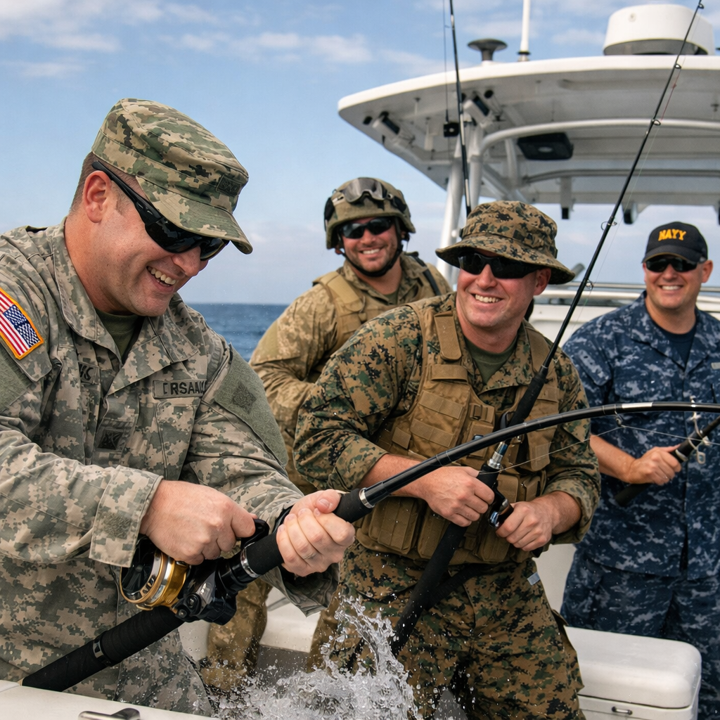 Four military personnel fishing from a boat on the ocean, smiling and wearing camouflage and sunglasses.
