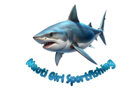 A realistic cartoon shark with sharp teeth and fins, swimming above a curved blue and grey banner that reads 'Girl Sports'.