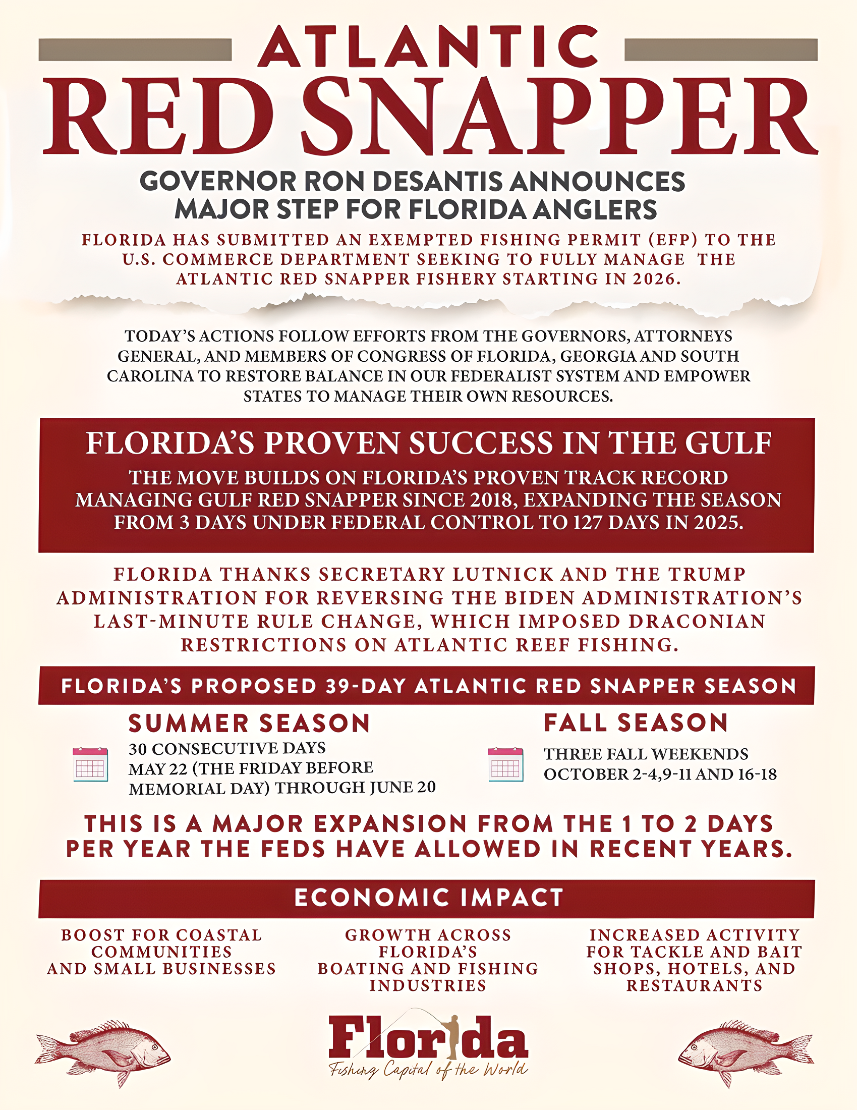 An infographic announcing Florida's proposed Atlantic Red Snapper season. It includes details about Florida's success in Gulf red snapper management, the proposed 39-day season, and economic impacts, with images of two red snapper at the bottom.
