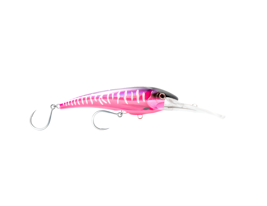 A pink and white fishing lure shaped like a small fish with a long, pointed bill and two treble hooks.