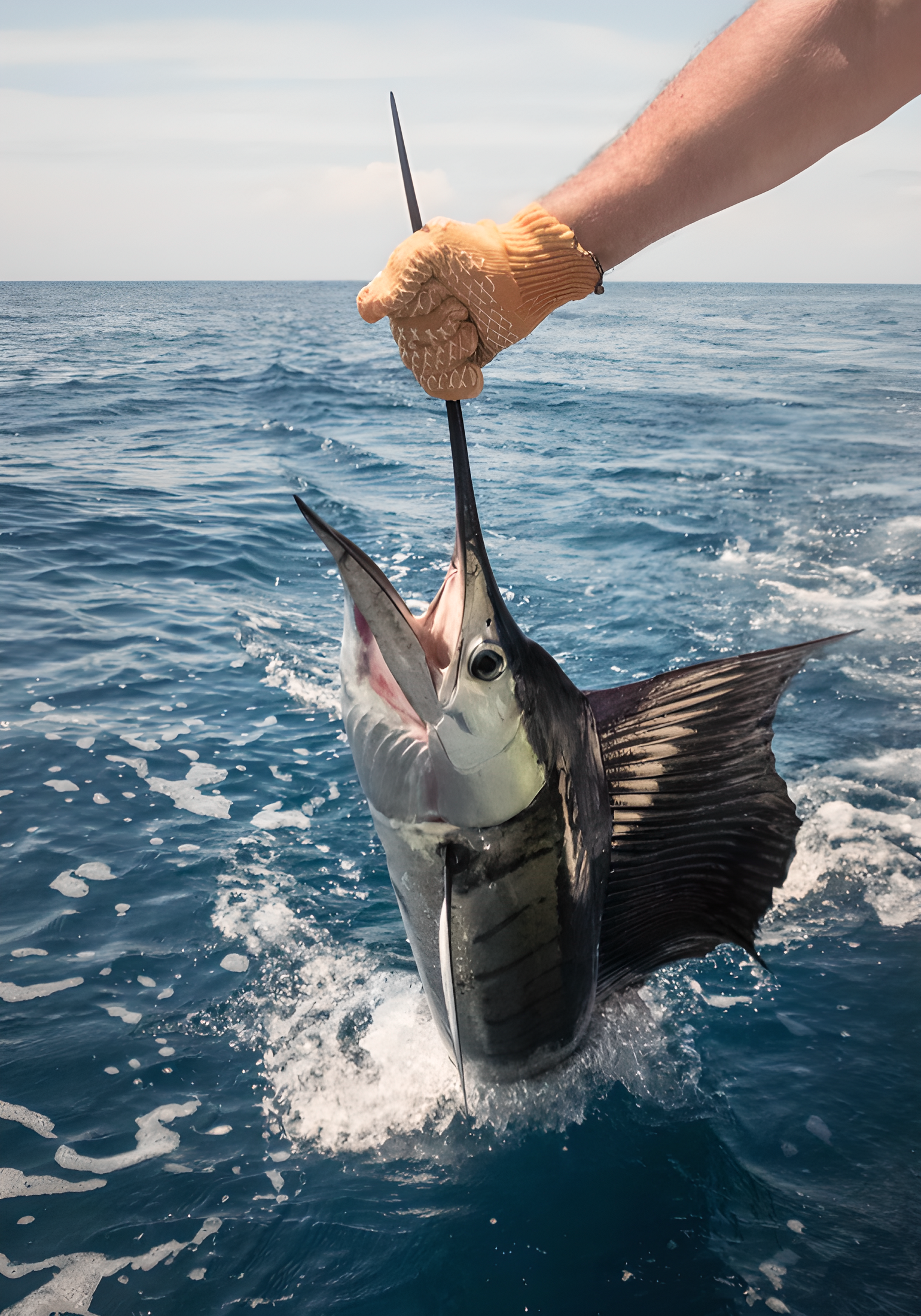 Person wearing gloves catching a large fish with a spear in the ocean.