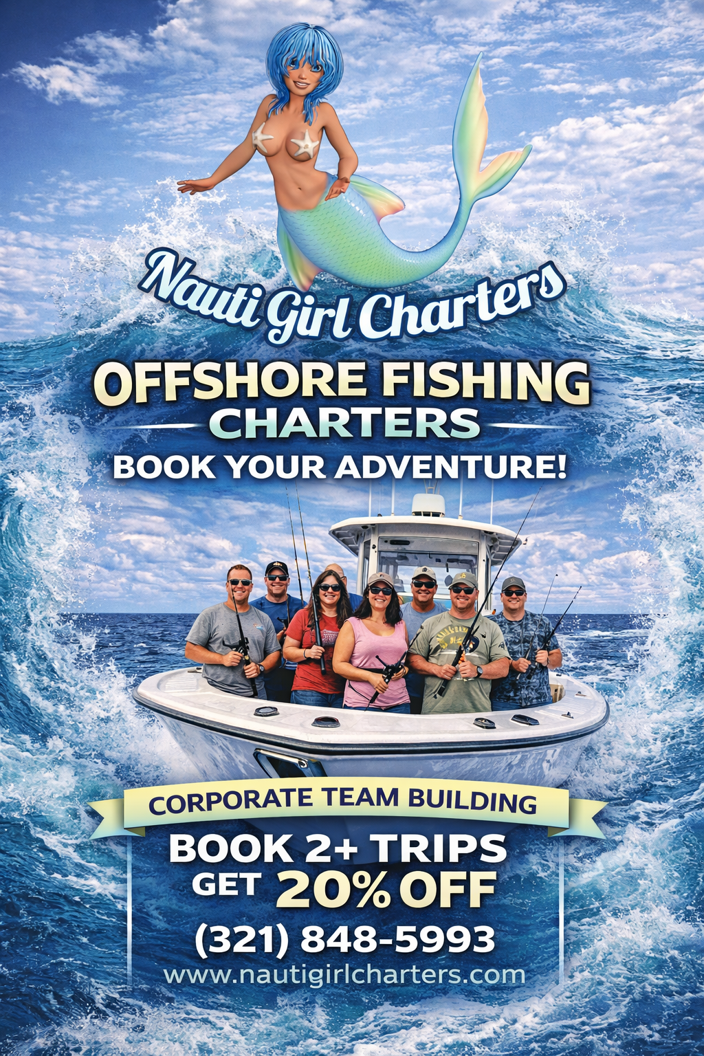 A promotional poster for Nauti Girl Charters advertising offshore fishing trips. The poster features a cartoon mermaid with blue hair and starfish pasties, sitting on a wave, and a group of people on a fishing boat in the ocean. Sebastian