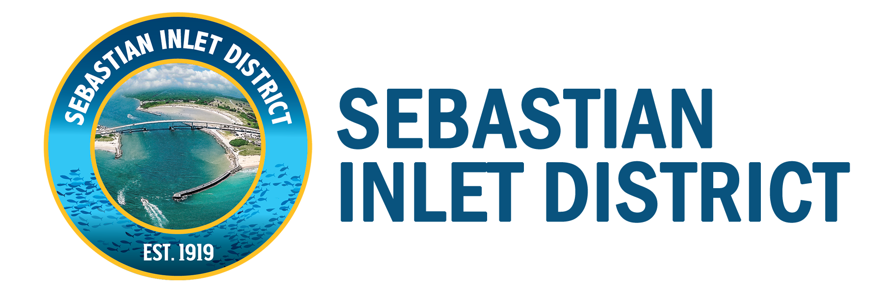 Seal of the Sebastion Inlet District featuring a round emblem with an aerial view of a coastal water body, bridge, and surrounding landscape, with fish illustrations at the bottom, and text indicating 'Sebastian Inlet District Est. 1919'.