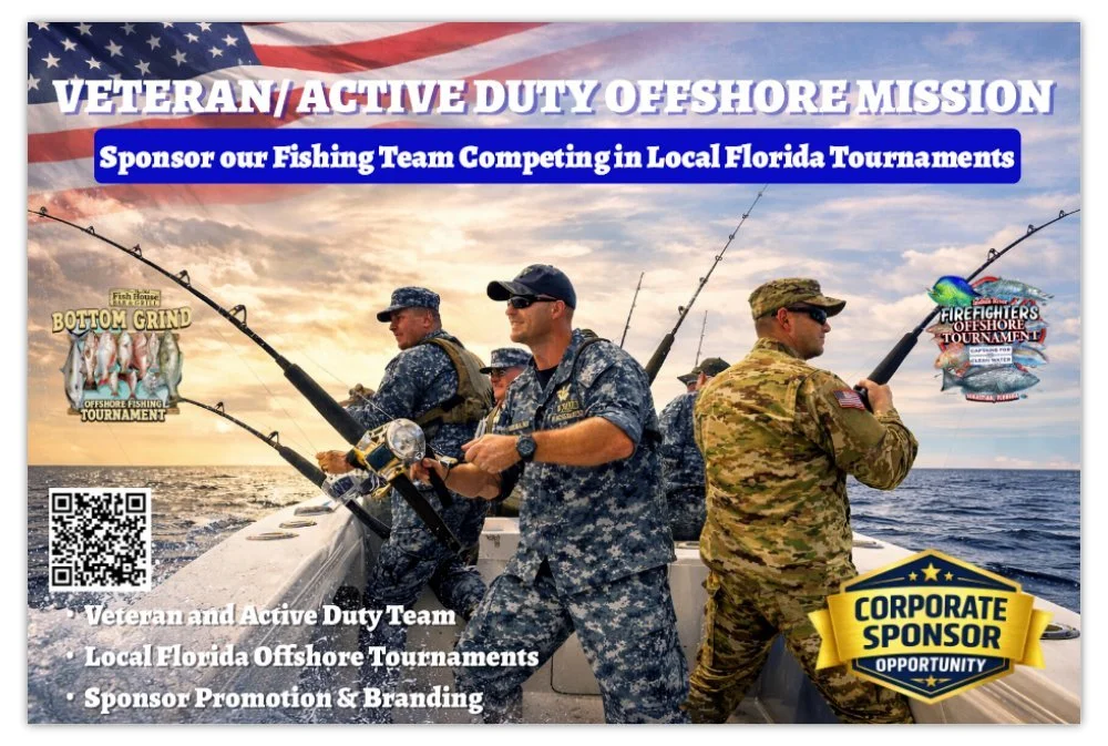 Four veterans and active duty military personnel fishing from a boat during sunset, promoting a Florida offshore fishing tournament sponsored by a corporate sponsor.