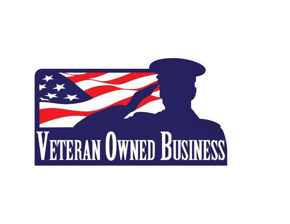 Silhouette of a saluting soldier in front of an American flag with the text "Veteran Owned Business" below.