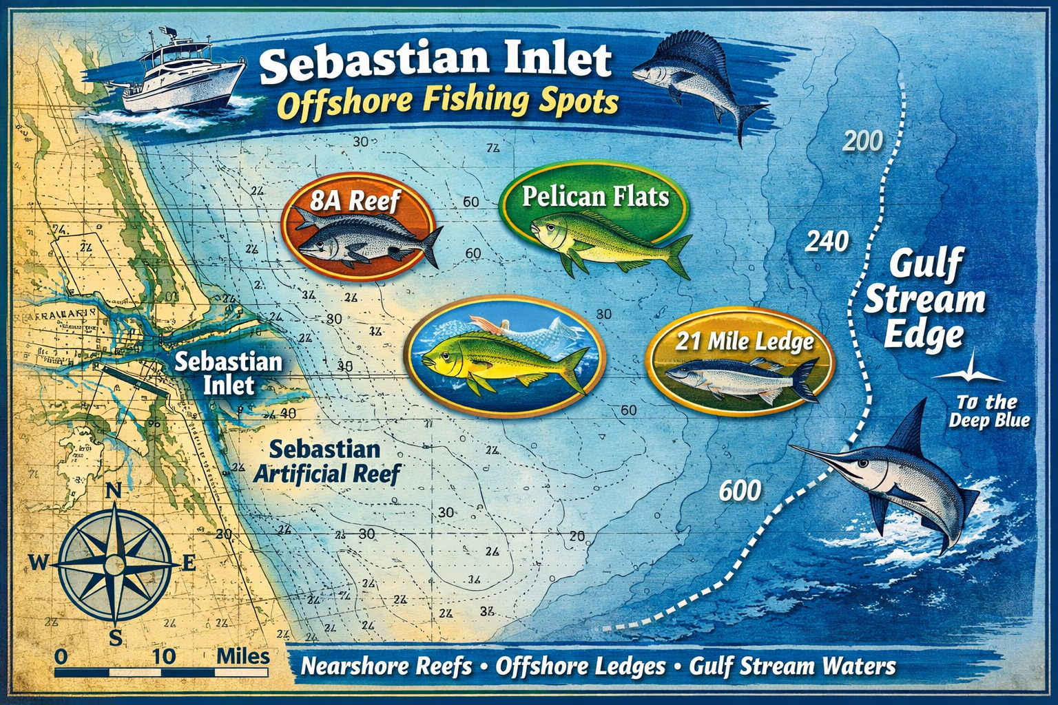 Map of Sebastian Inlet with offshore fishing spots including 8A Reef, Pelican Flats, 21 Mile Ledge, and Big Fish. Shows Sebastian Inlet inlet, artificial reef, and nearby deep blue Gulf Stream waters with depth contours.