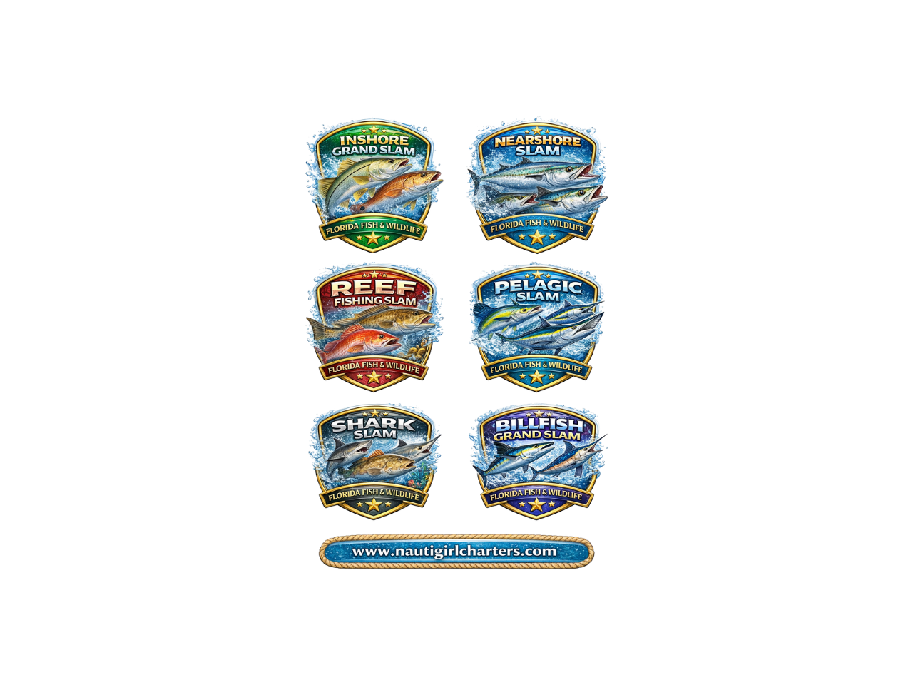 Collection of six fishing tournament badges labeled Inshore Grand Slam, Nearshore Slam, Reef Fishing Slam, Pelagic Slam, Shark Slam, and Billfish Grand Slam, with a website URL www.nautigirlcharters.com at the bottom.