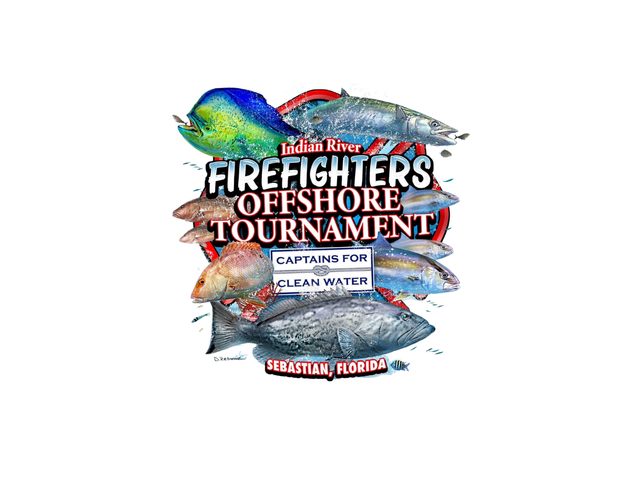 Poster for Indian River Firefighters Off Shore Tournament in Sebastian, Florida, featuring various fish including a largemouth bass, tilapia, snapper, grouper, and a tuna, with the tagline 'Captains for Clean Water'.