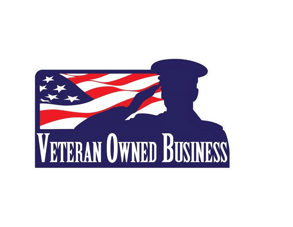 Silhouette of a military veteran saluting in front of an American flag with the text 'Veteran Owned Business'.