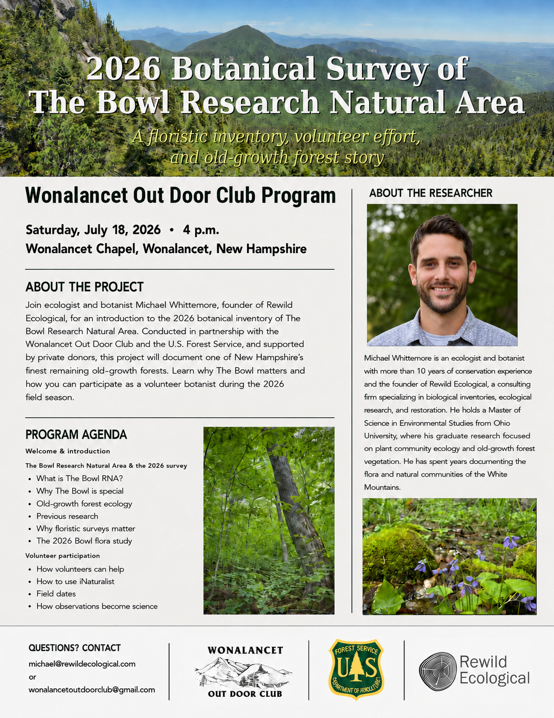 Flyer for the 2026 Botanical Survey of The Bowl Research Natural Area, featuring a lush green forest and mountains in the background with additional photos of forest scenes on the lower part of the flyer. The flyer includes event details, a photo of researcher Michael Whittemore, and logos of sponsoring organizations.