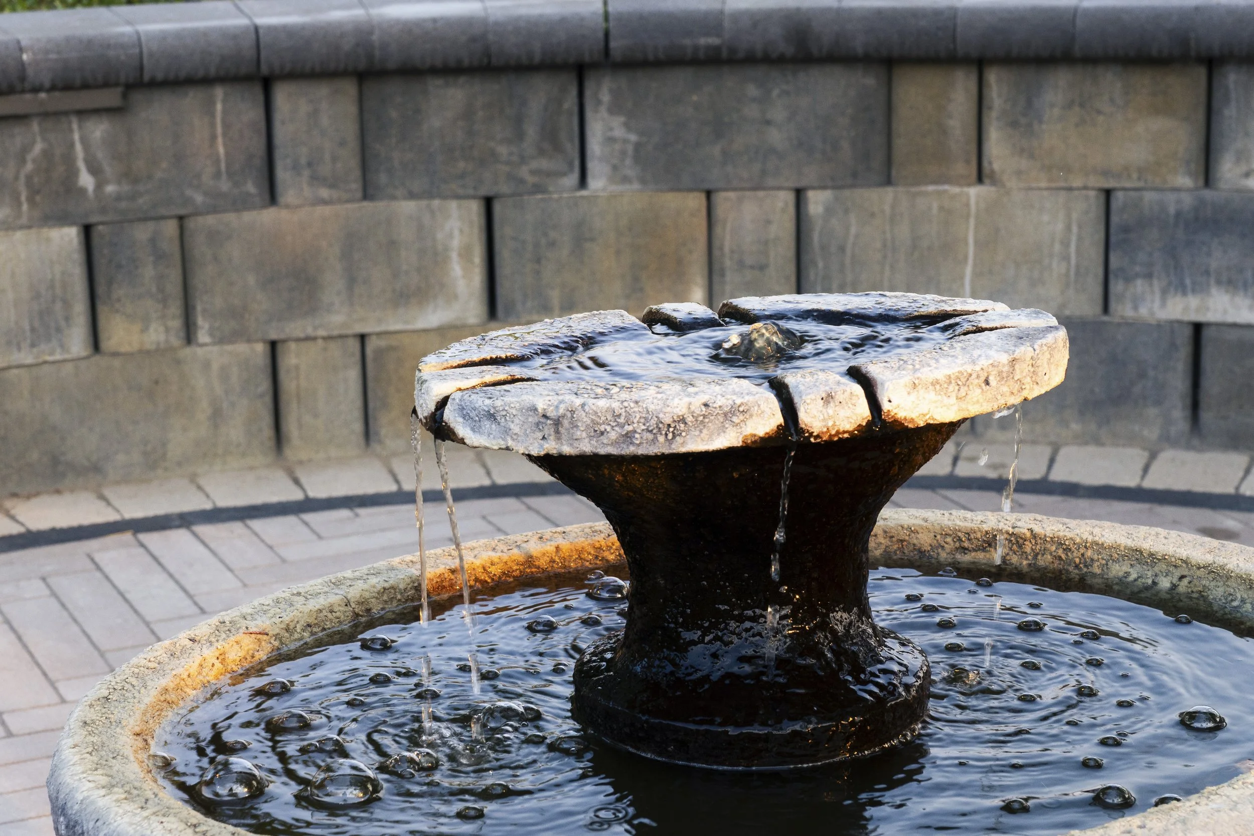 Natural stone fountain surrounded by lush planting in a professionally designed residential landscape in Eagle, Idaho.
