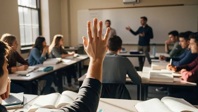 Student seated in a classroom raises their hand to participate, while other students sit at desks and the teacher stands at the front of the room.