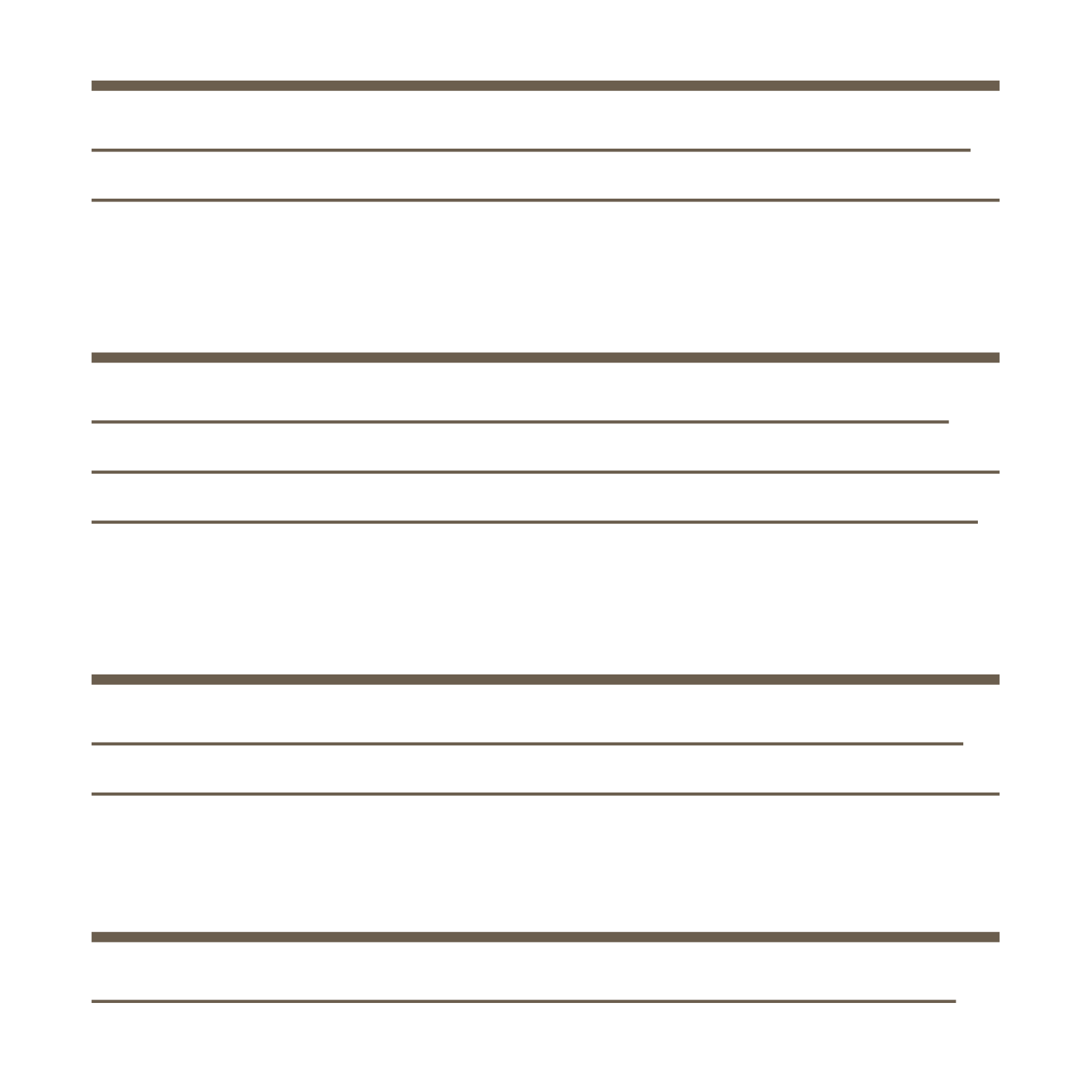 Abstract line illustration showing four clearly structured document sections, each with a bold heading line above lighter body lines and generous spacing between groups. Represents complex governance material resolved into clear, navigable communicat
