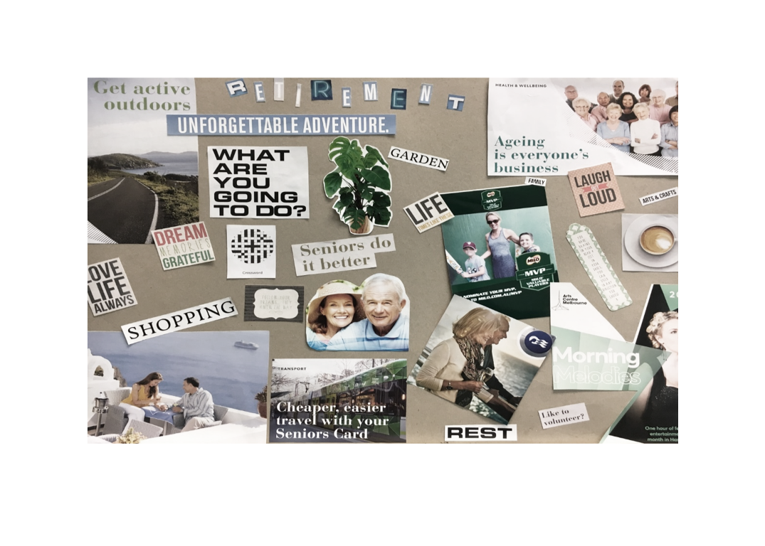 Retirement collage created by research participant as a pre-interview task. The collage assembles magazine images and text around themes of outdoor activity, adventure, community, travel and leisure.