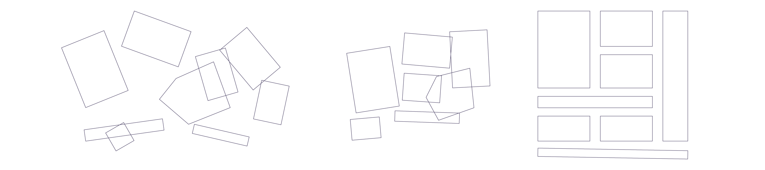 Abstract line illustration showing collage-like shapes — rectangles, strips and irregular polygons — scattered and rotated on the left, settling through the centre, and arranged into a deliberate ordered composition on the right. Represents the resea