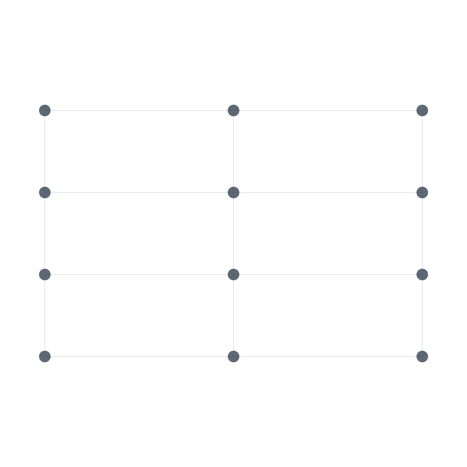 Abstract grid of evenly spaced nodes and connecting lines representing a unified digital platform architecture — outcome of a UX redesign serving 75,000+ members, 12 subdomains down to 5, app rebuilt in 90 days and design system implemented.