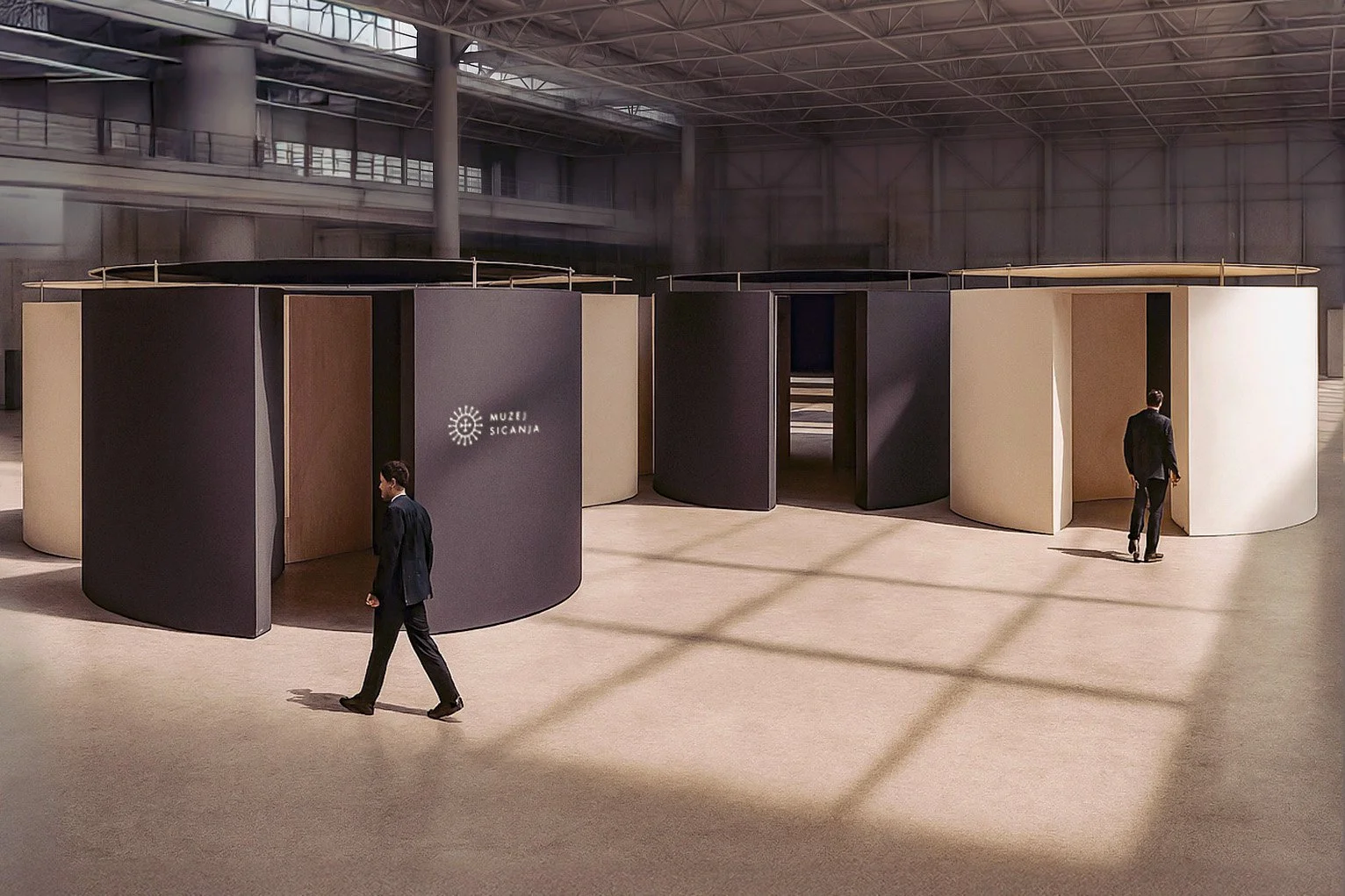 Modern circular pop-up Museum od Sicanje in industrial-style building with high ceilings and large windows.