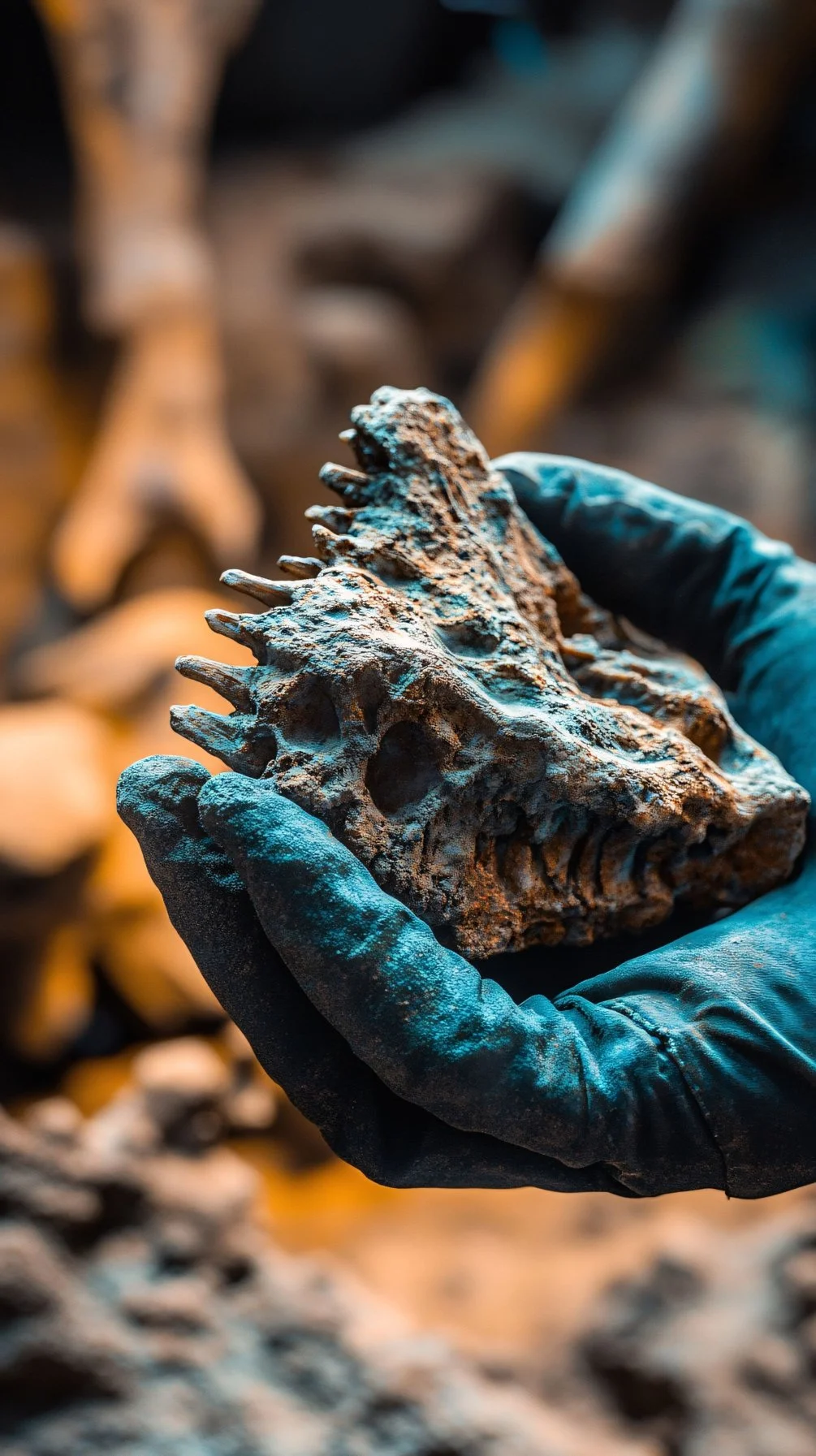 A person wearing black gloves holding a large, weathered dinosaur fossil skull in hand, with other fossils blurry in the background.