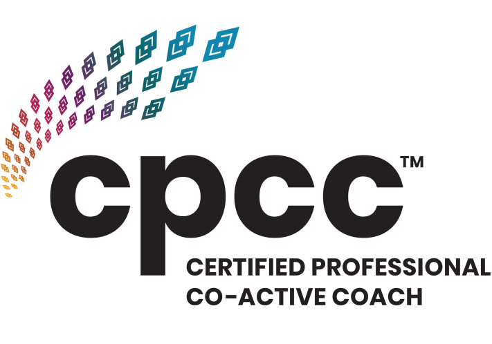 Logo for Certified Professional Co-Active Coach, featuring colorful squares forming a rainbow arc above black text.