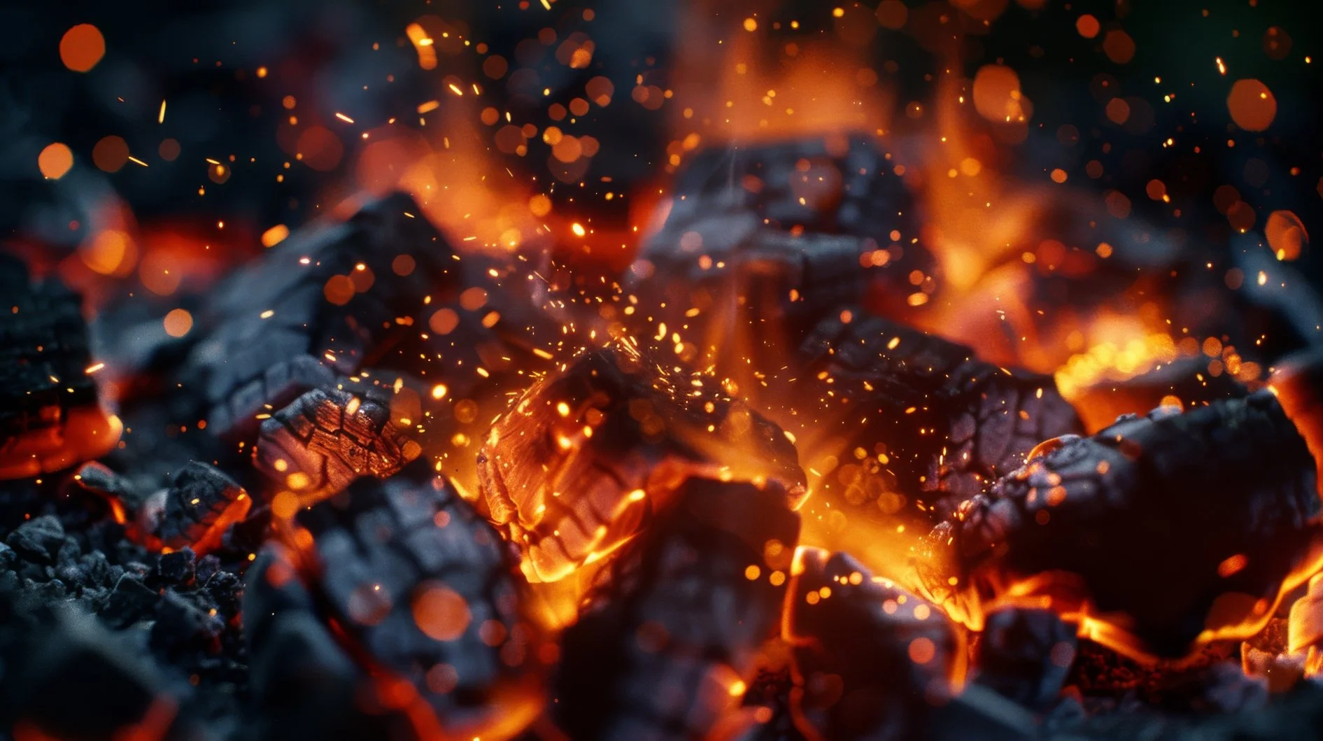 Glowing hot charcoal embers and ash with sparks flying up in the air.