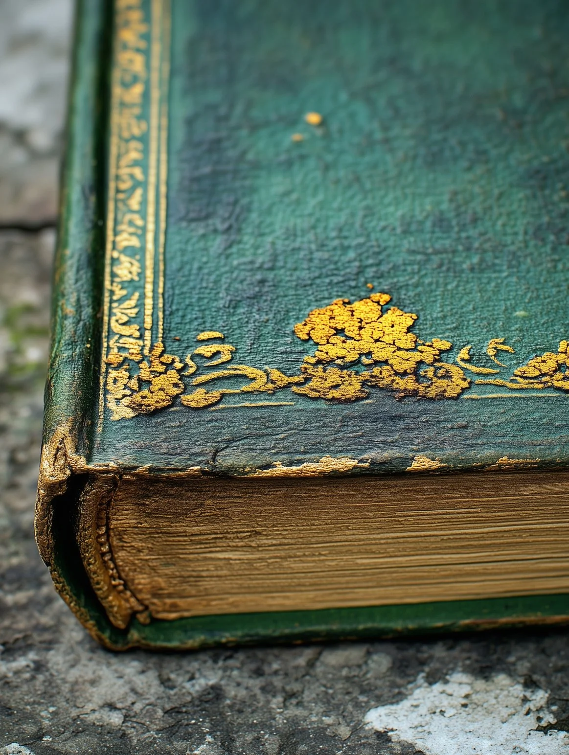 Close-up of an old, weathered book with a green cover and gold decorative border, resting on a textured surface.