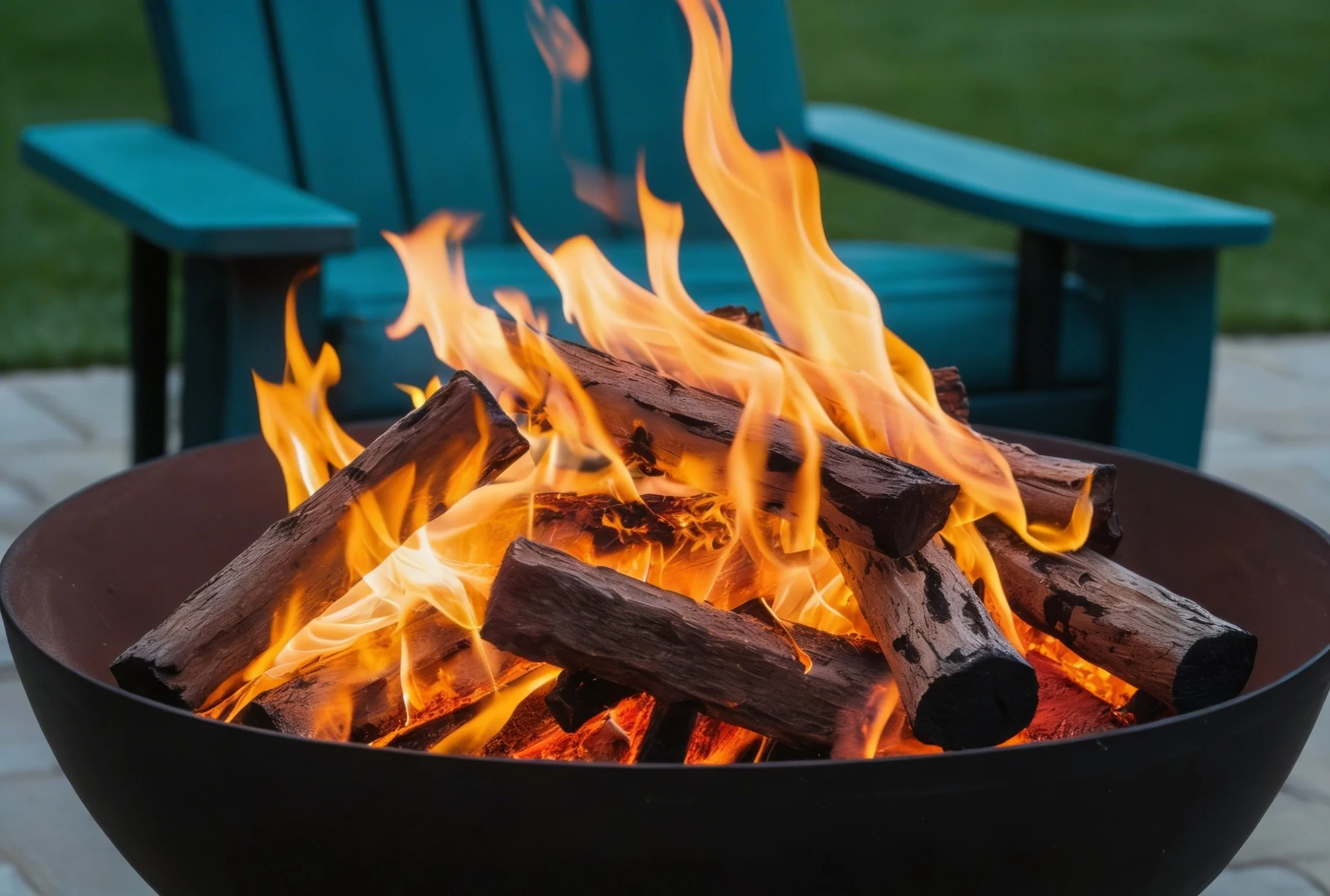 Close-up of a fire burning on a round black outdoor firepit with a teal Adirondack chair in the background.